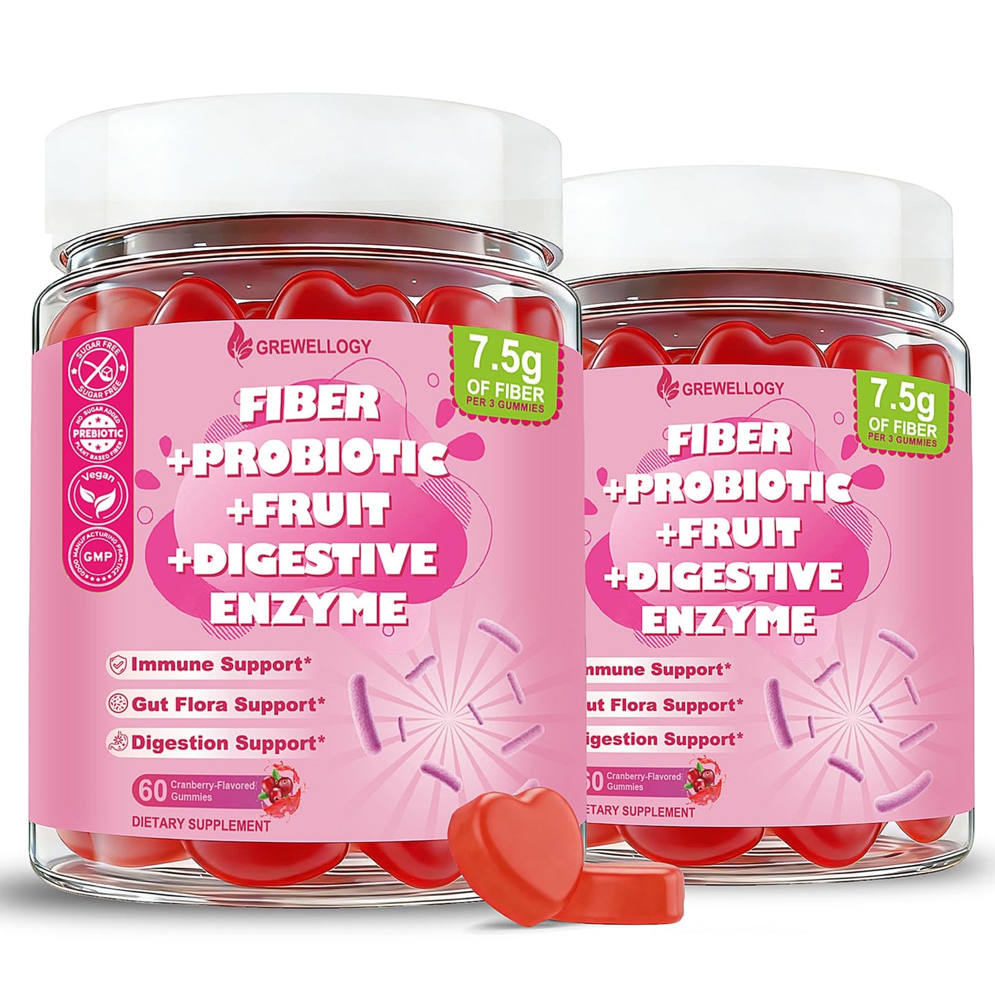 Grewellogy Fiber Gummies for Adults, Sugar Free Fiber Supplement with Prebiotics, Probiotics & Digestive Enzymes for Gut Health Support, Cranberry Flavor, Vegan Gummy 120 Count