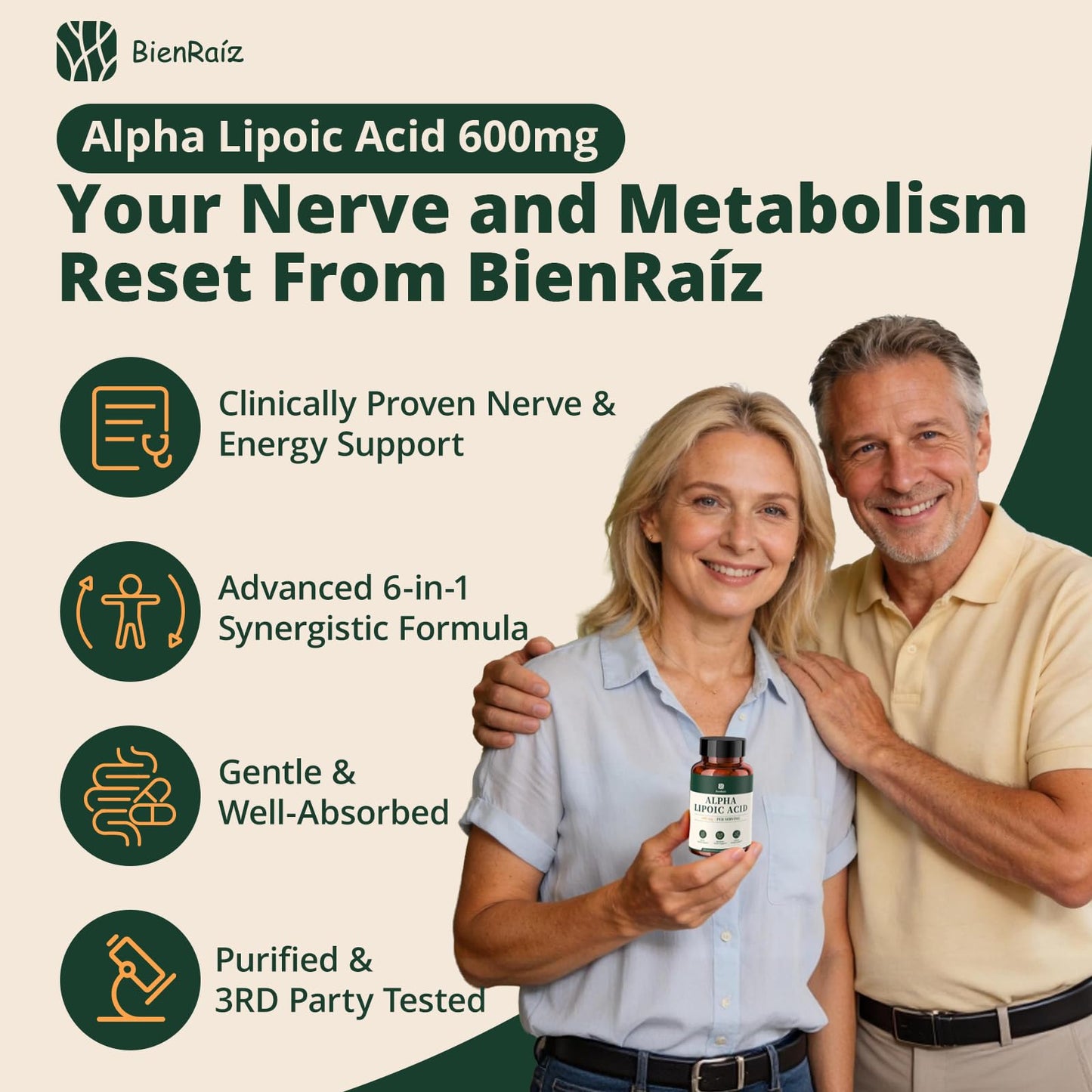 BienRaíz Alpha Lipoic Acid 600mg with B Vitamins, Chromium & ALCAR Capsule, 120 Count