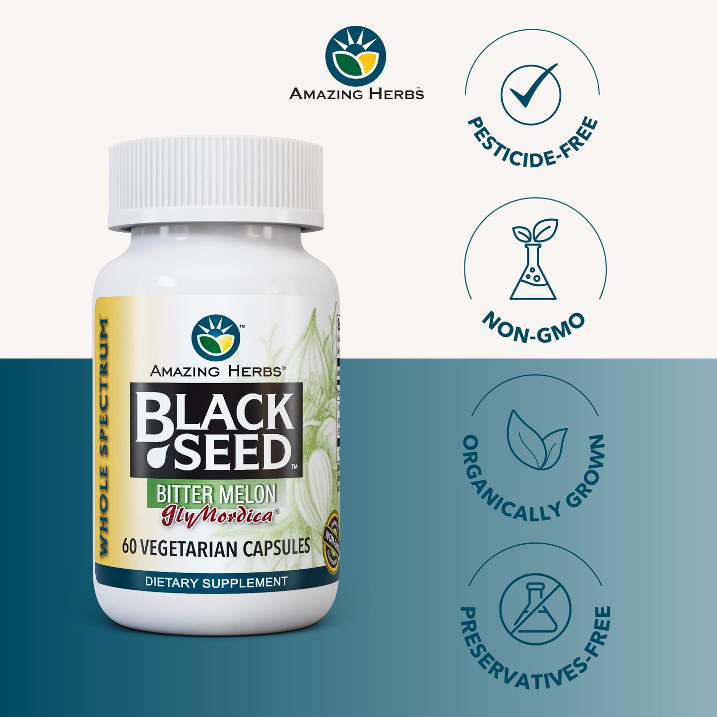 Amazing Herbs Black Seed with GlyMordica Bitter Melon - Premium Nigella Sativa and Momordica Charantia, Non-GMO & No Preservatives, Promotes Health & Wellness, Capsules, 60 Count