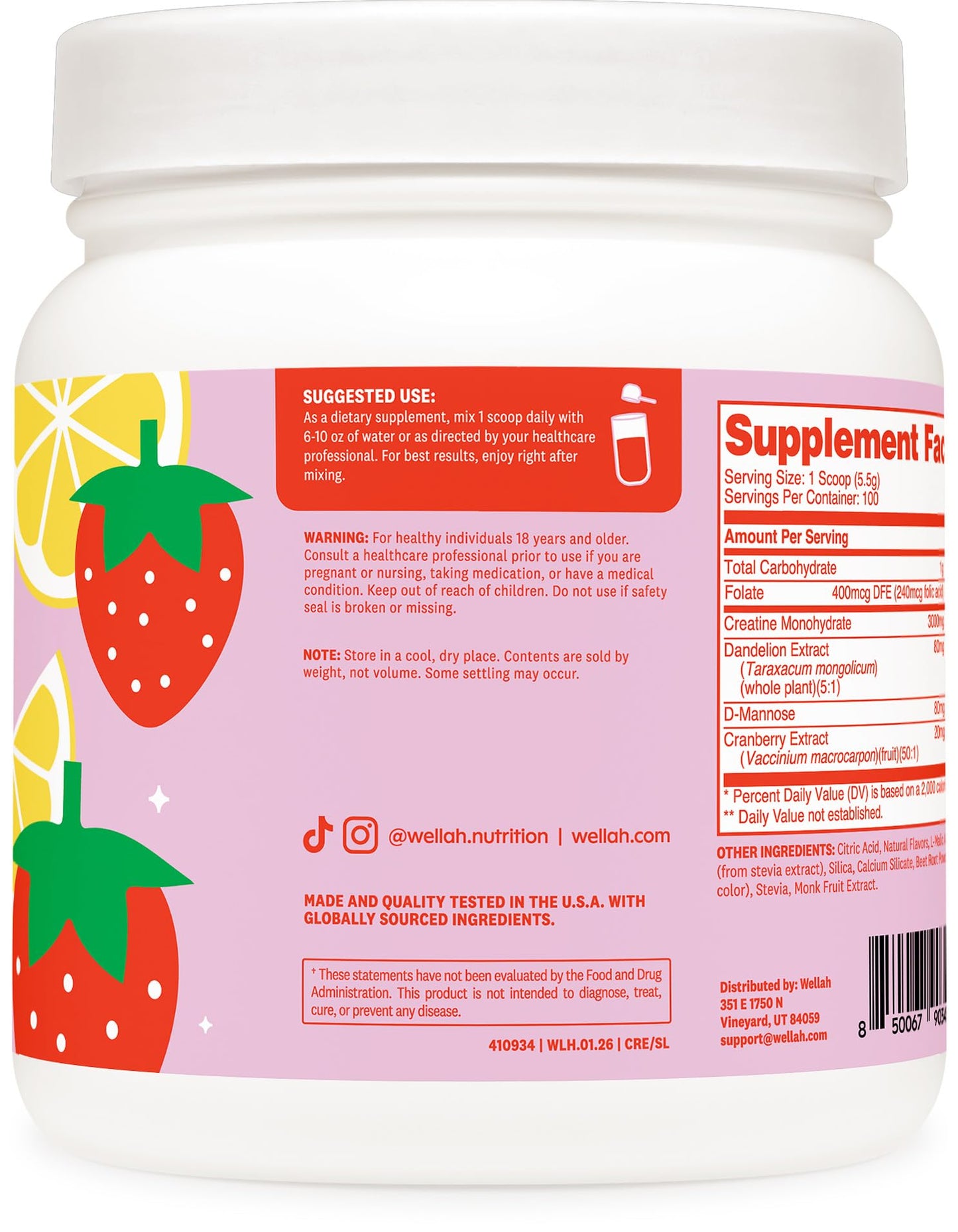 Wellah Creatine for Women - Creatine Monohydrate with Dandelion & Cranberry Extract, Powder, 100 Servings