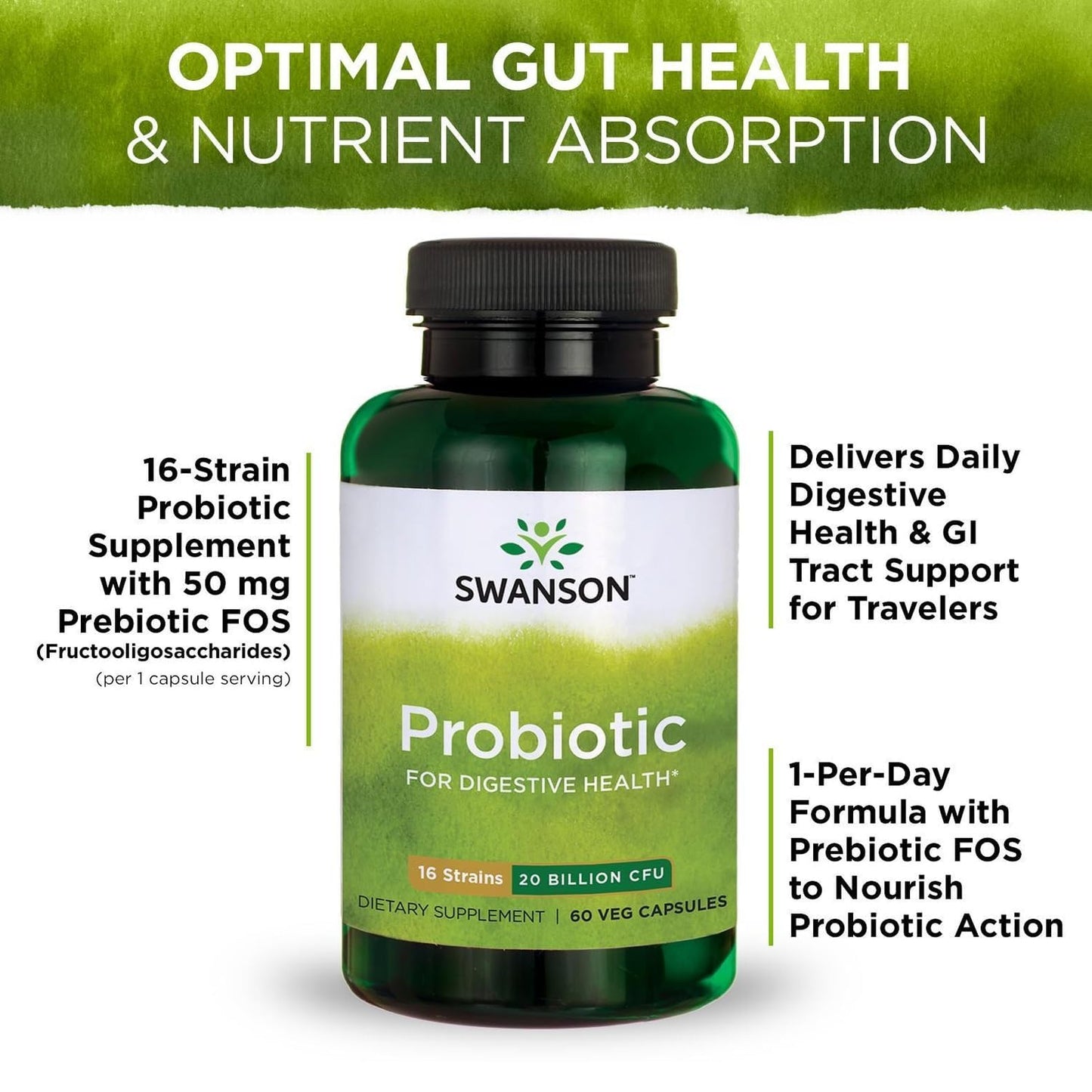Swanson Probiotic for Digestive Health GI Tract Immune Support Travelers Support 20 Billion CFU with Prebiotic FOS 60 Veggie Capsules
