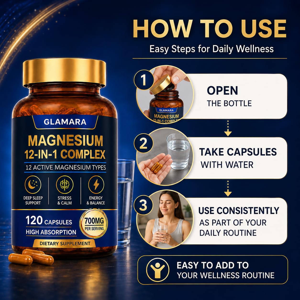 fuiznox Glamara Magnesium 12 in 1 Complex Capsule, 120 Count