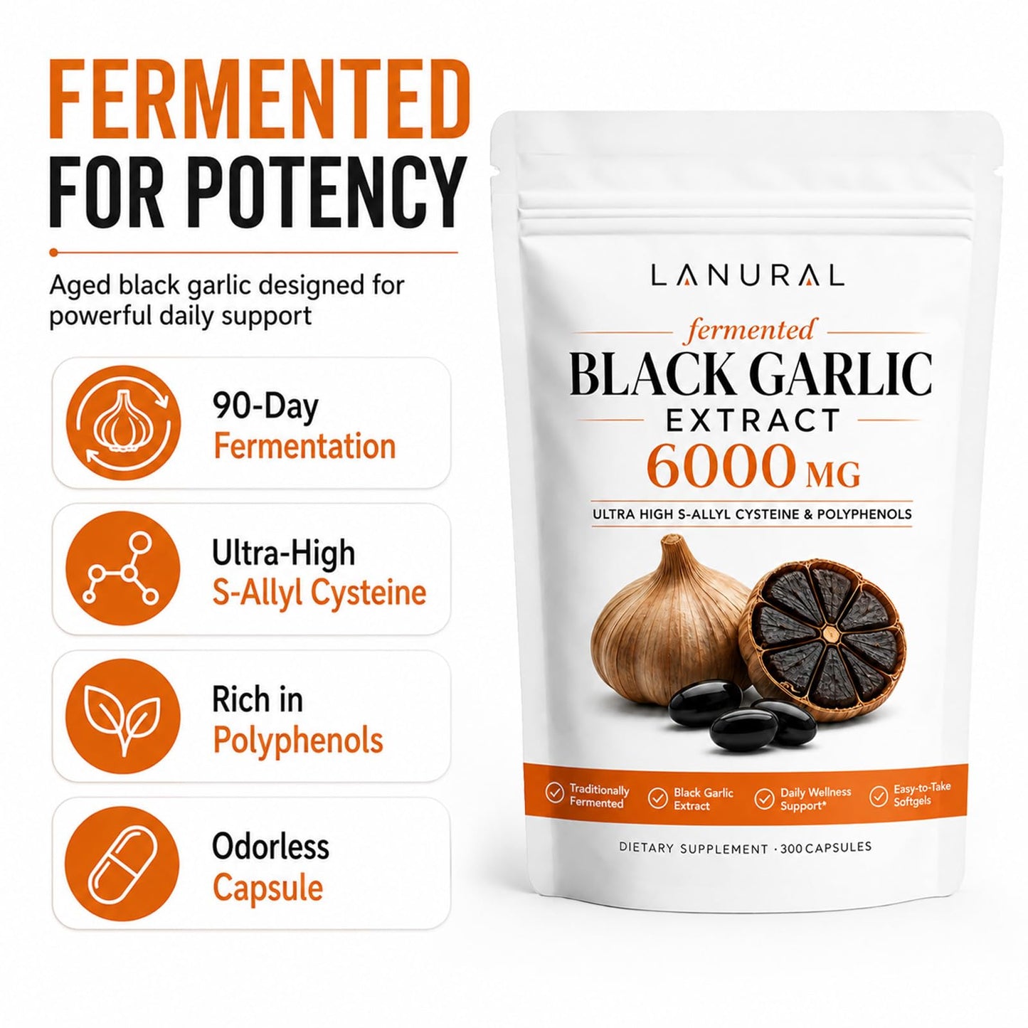 Lanural organic Fermented Black Garlic Softgels 6000mg, 300 Softgels