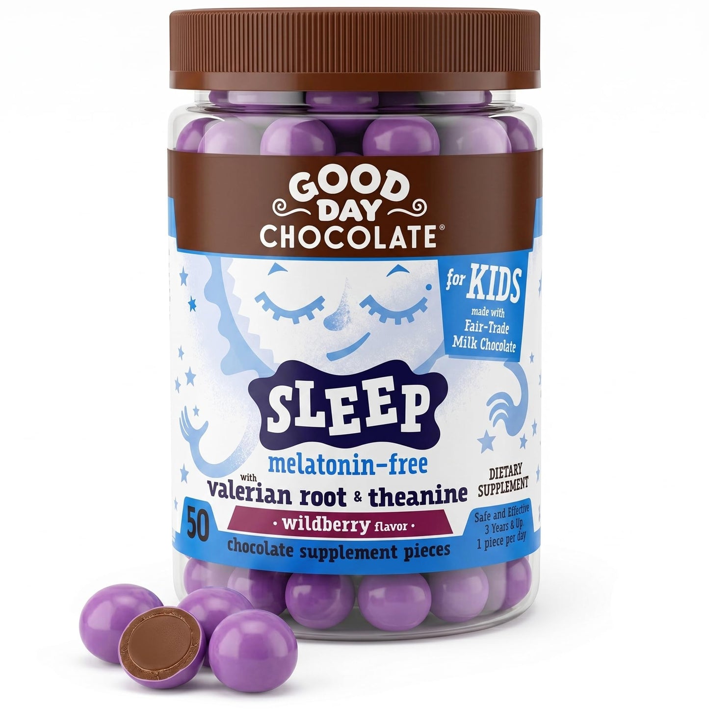 Good Day Chocolate Valerian Root for Kids Chewables, Herbal Sleep Supplement, Organic Wildberry Flavor, L-Theanine, 50 Count