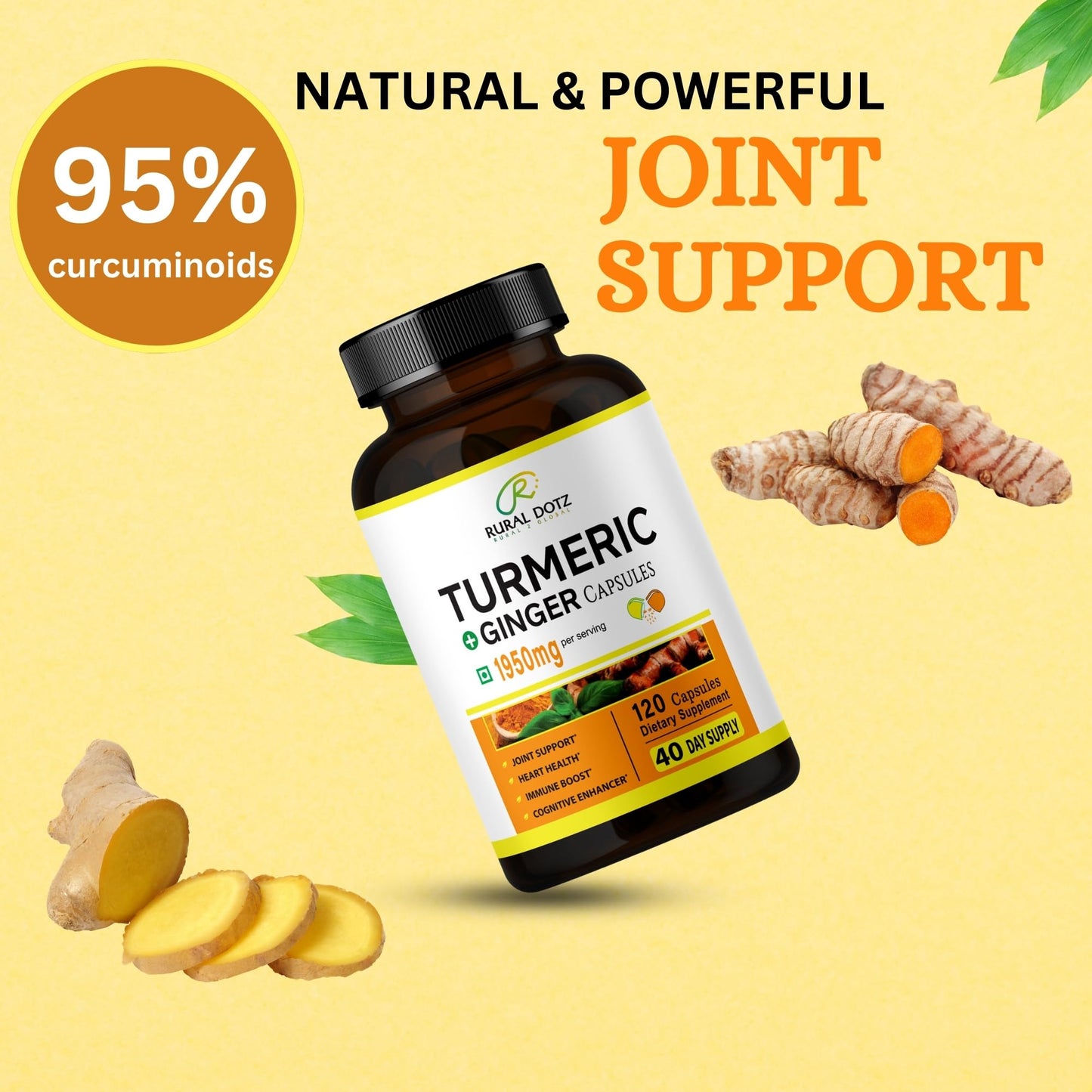 Rural Dotz Turmeric Curcumin Supplement 1950mg with Turmeric & Ginger, 95% Curcuminoids, Black Pepper for Absorption Capsule 120 Count