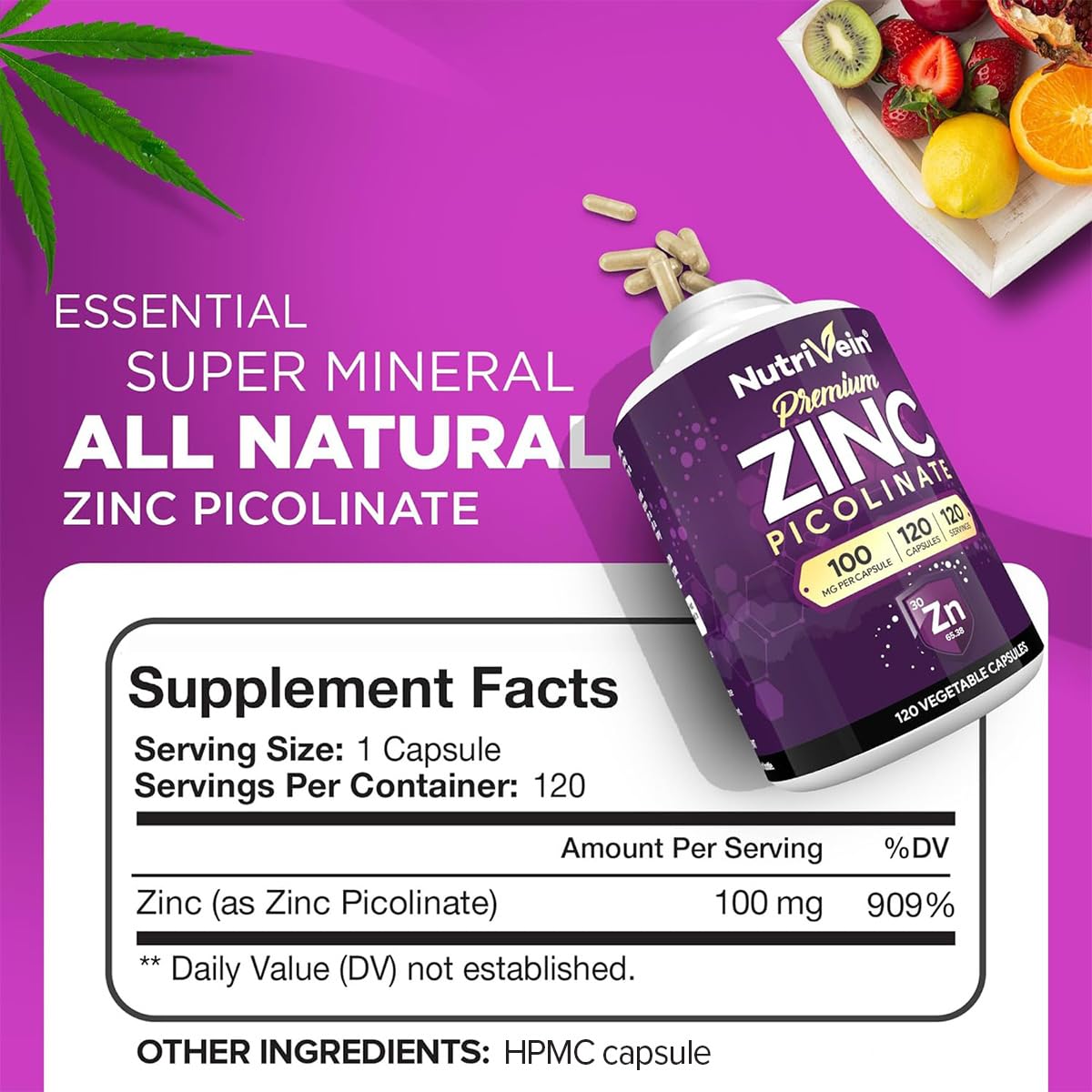 Nutrivein Zinc Picolinate 100mg Capsules 120 Count