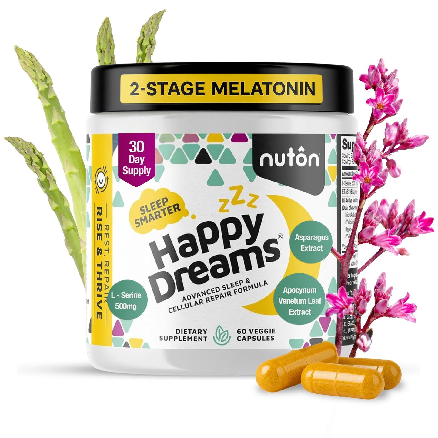 Nuton Happy Dreams Natural Sleep Aid Supplement & Cellular Vitality Melatonin Sleep Aid for Adults, Time Release Formula with ETAS Asparagus, L-Serine and Venetron Extract, 60 Capsules
