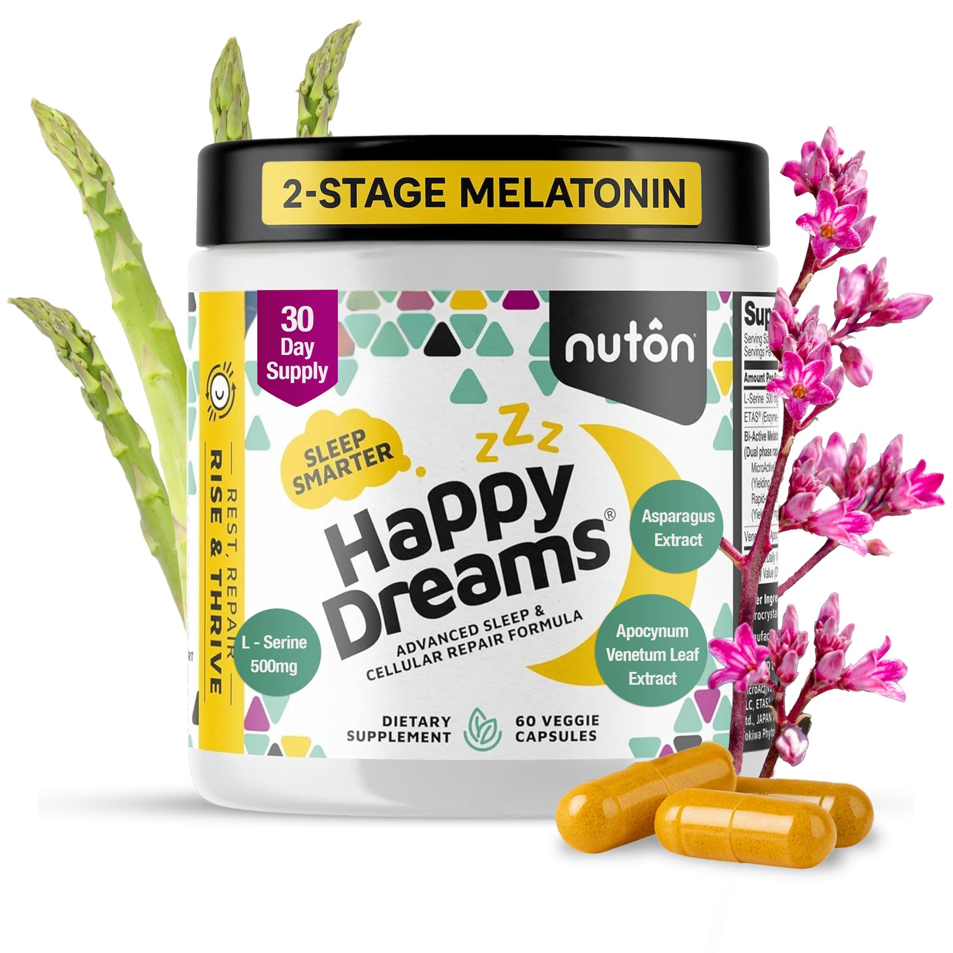 Nuton Happy Dreams Natural Sleep Aid Supplement & Cellular Vitality Melatonin Sleep Aid for Adults, Time Release Formula with ETAS Asparagus, L-Serine and Venetron Extract, 60 Capsules