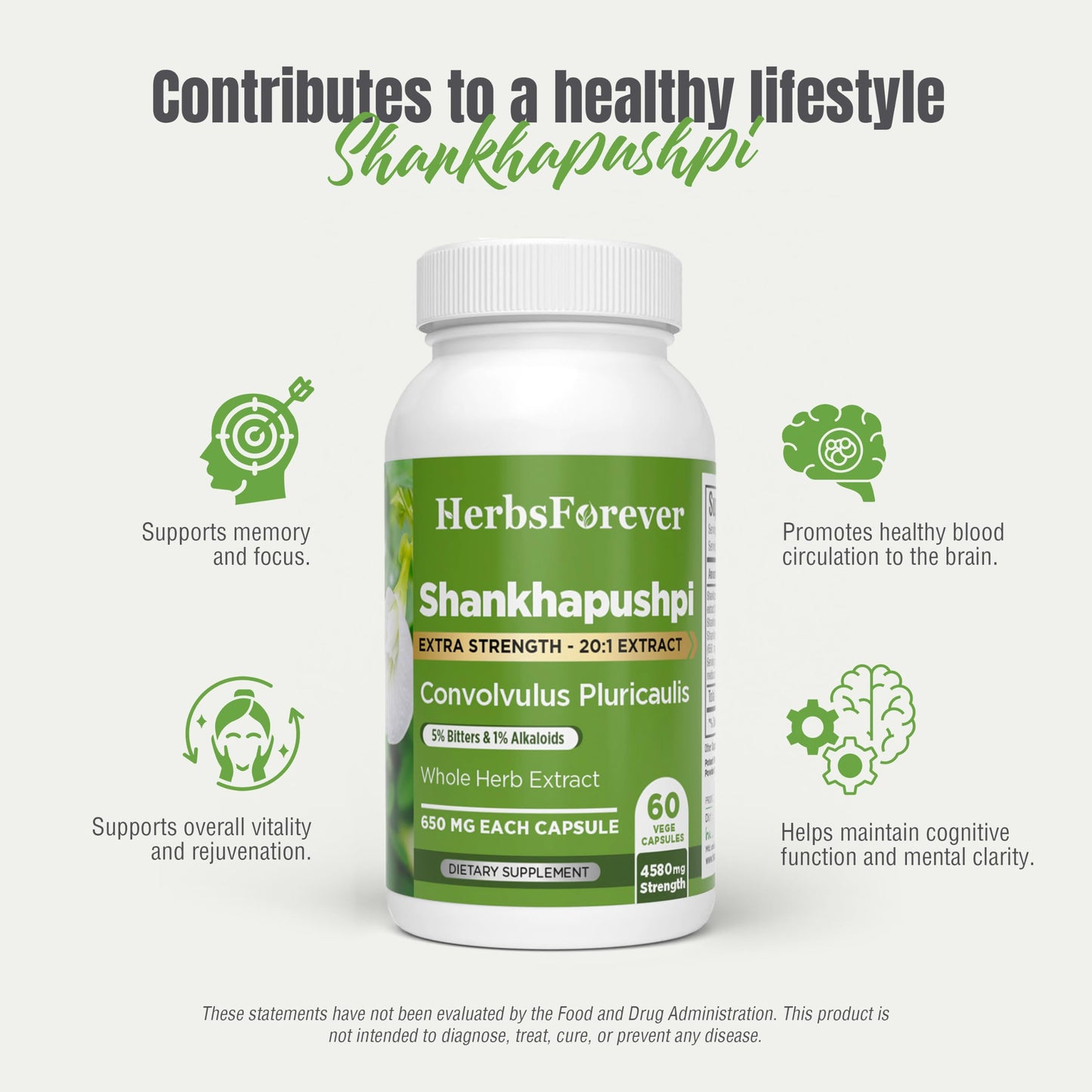 Herbsforever Shankhpushpi (Convolvulus pluricaulis) Extra Strength 20:1 Extract, Equiv. to 4580mg Plant Powder Per Serving - Brain Tonic & Cognitive Focus, 60 Veg Capsules