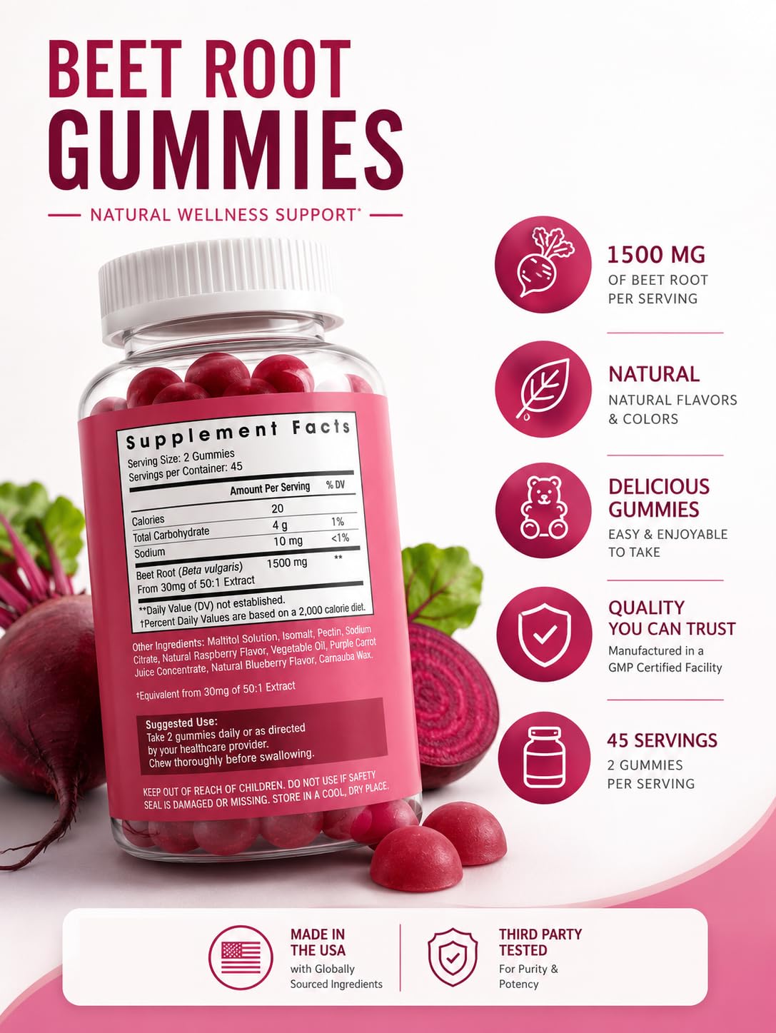 Flamingo Supplements Sugar Free Nitric Oxide Beet Root Gummies - Beet Root Chewables for Athletic Performance, Nitric Oxide Booster, Energy, Blood Flow and Circulation, 90 Gummies