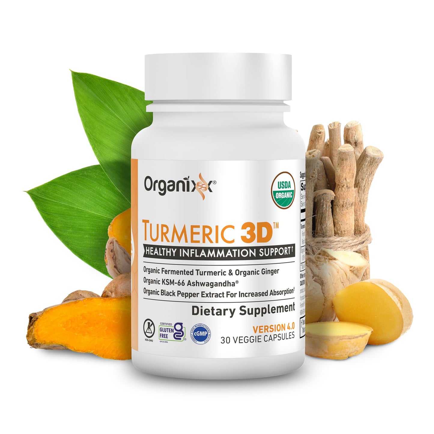 Organixx USDA Organic Turmeric Curcumin with Ashwagandha, Vitamin D & Ginger, Fermented for Maximum Bioavailability, 30 Capsules