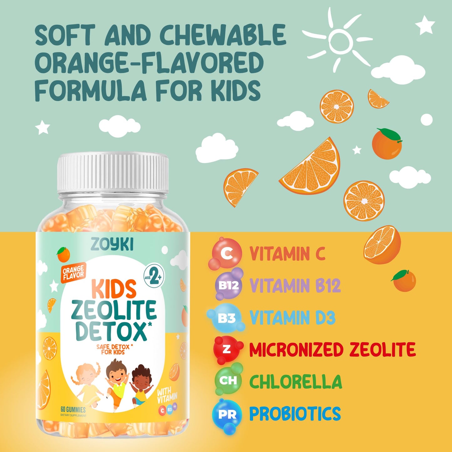 Zoyki Zeolite Detox Gummies for Kids - Orange Flavor, Vegan, Non-GMO Gluten-Free - 60 Gummies