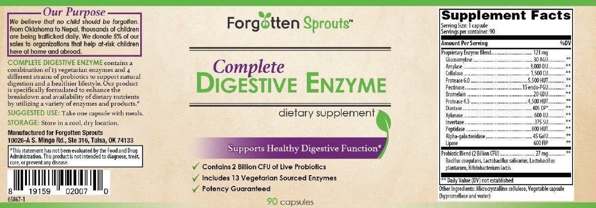 Forgotten Sprouts Digestive Enzyme with 2 Billion Probiotics - 13 Vegetarian Sourced Enzymes - Non-GMO, 90 Capsules