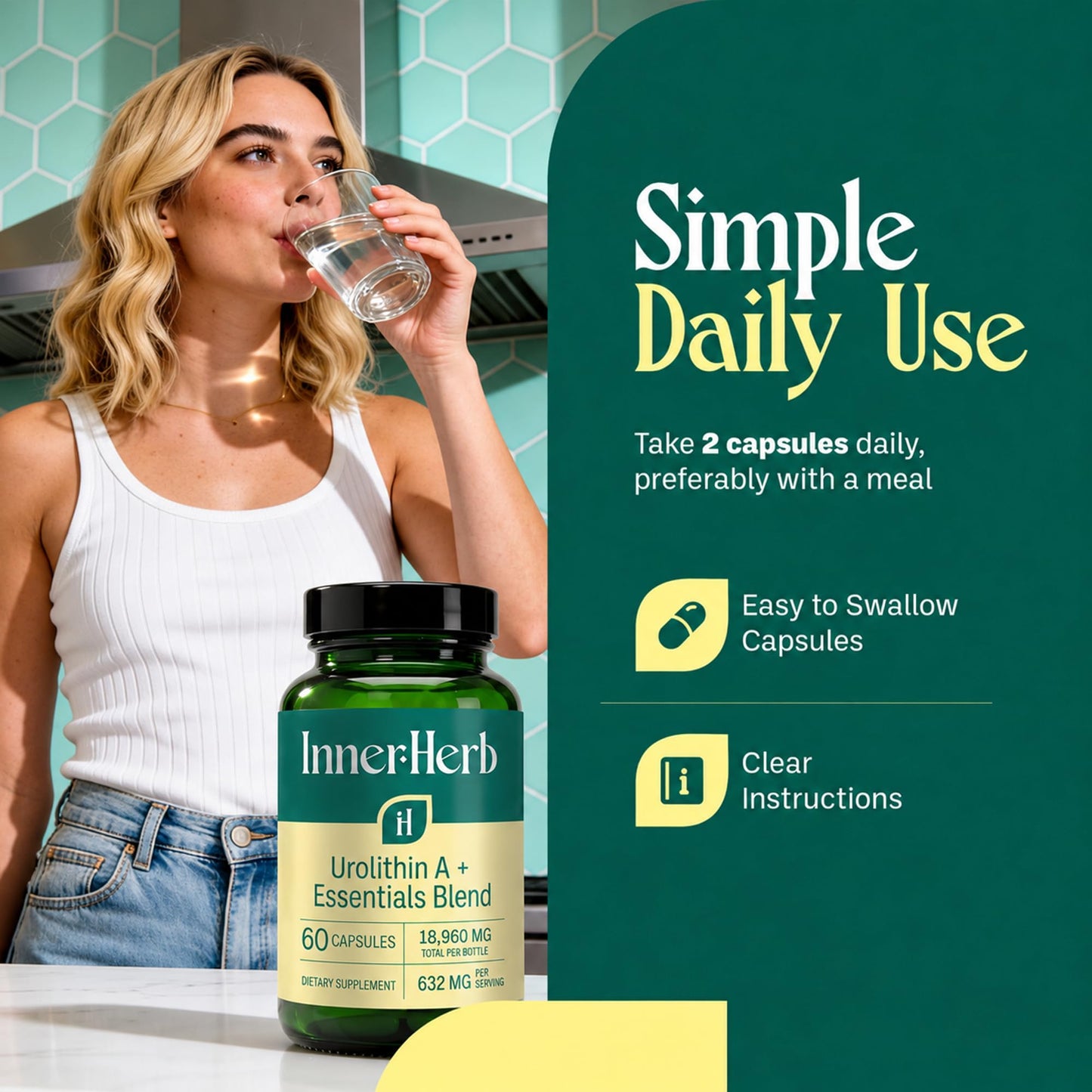 InnerHerb Urolithin A 632mg with NMN, NR, PQQ & Magnesium Bisglycinate, Mitochondrial & Cellular Energy Support, NAD+ Booster Supplement, 60 Vegan Capsules