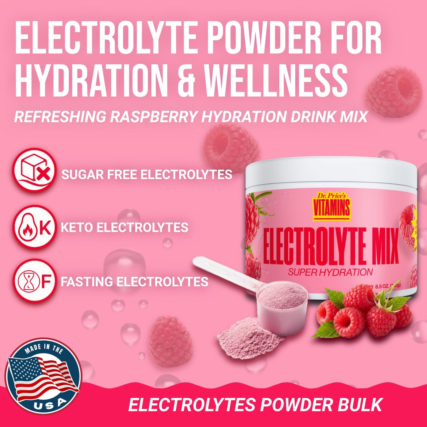Dr. Price's Vitamins Electrolytes Powder Sugar Free Raspberry 90 Servings