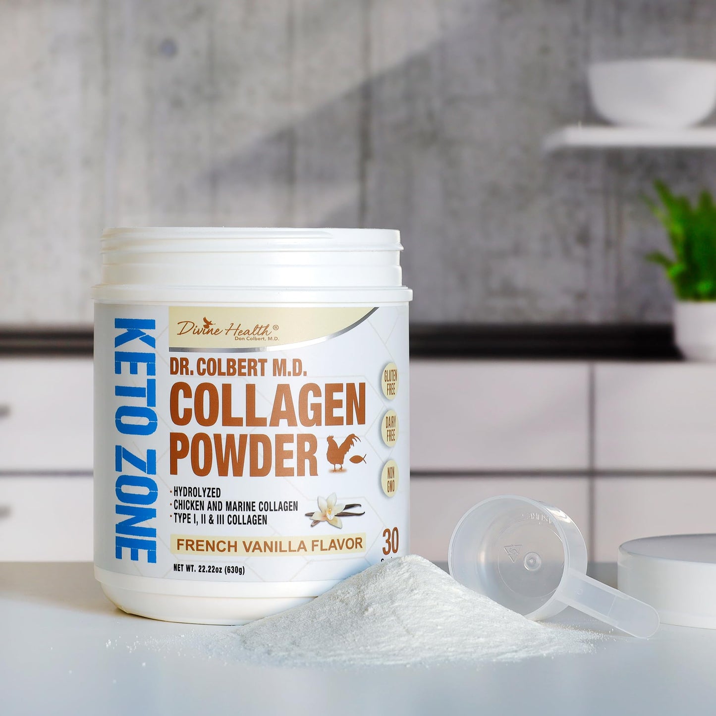 Divine Health Hydrolyzed Collagen Powder Vanilla Flavor, Type I, II, III Chicken & Marine Collagen, 22.2 oz