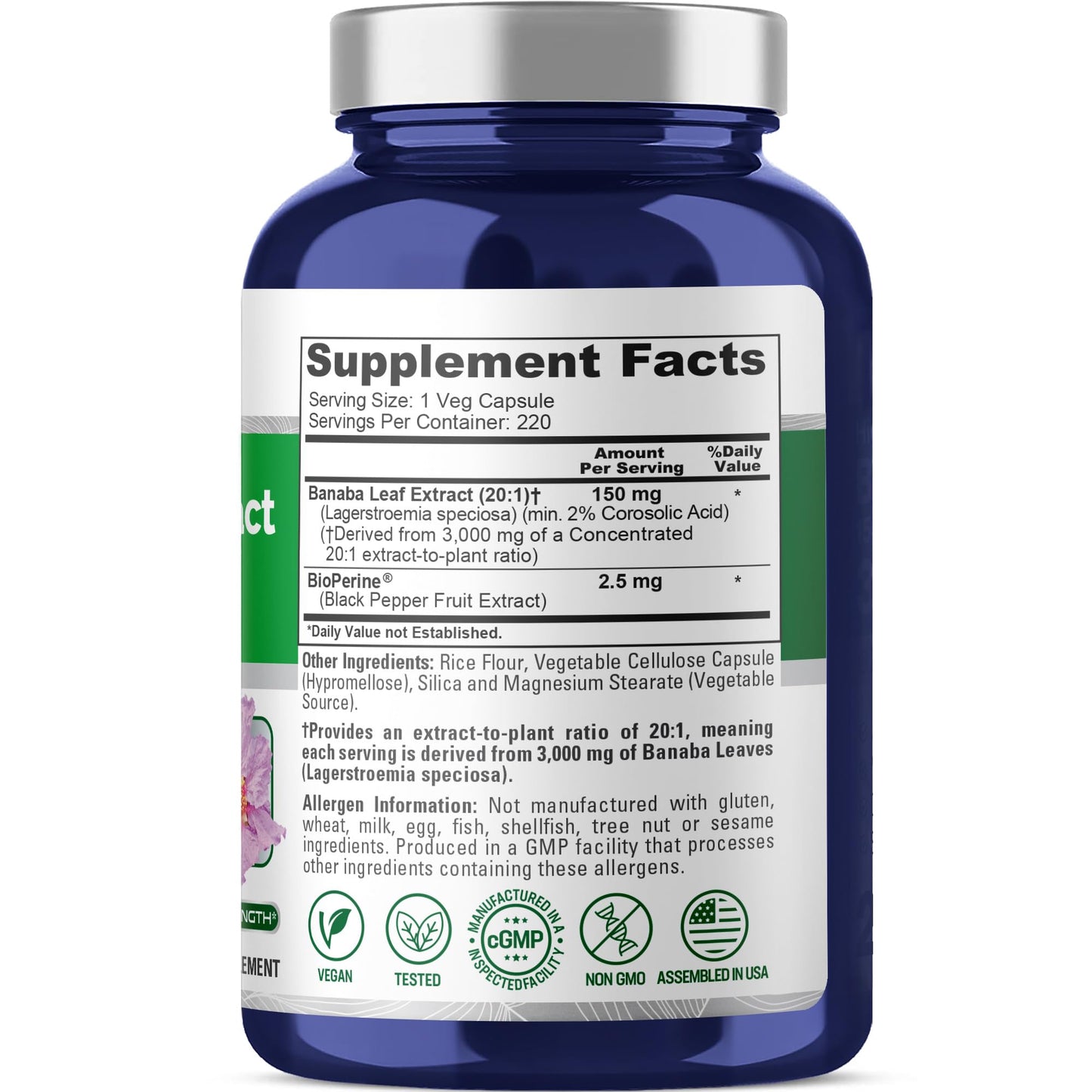 NusaPure Banaba Leaf 150 mg Capsules, 220 Count