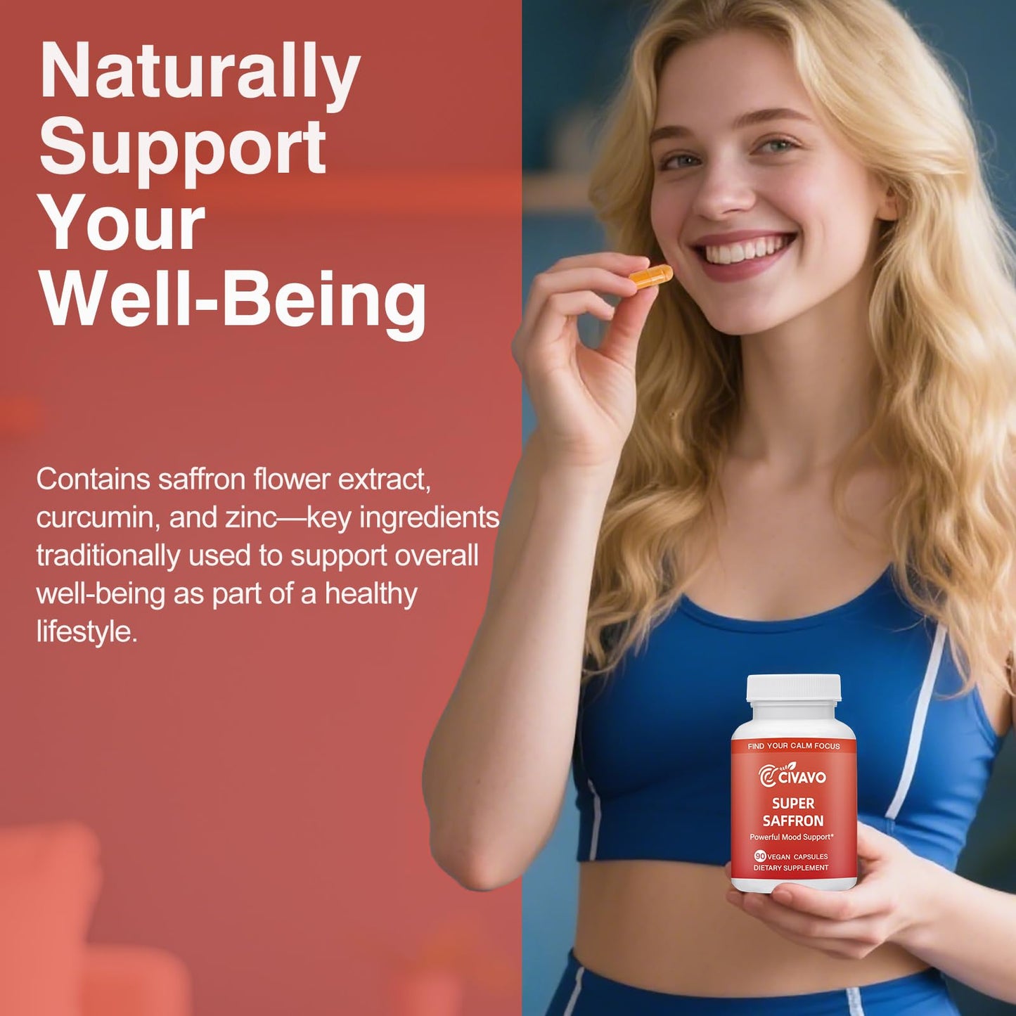 Civavo Saffron Supplements with Curcumin & Zinc Capsules, 90 Count