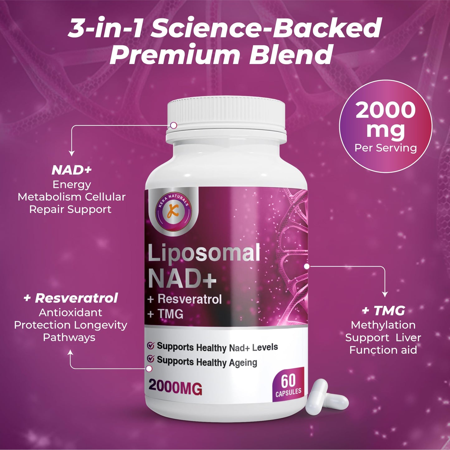 Keka Naturals Pure NAD Resveratrol and TMG, 2000mg, 3 in 1 Advanced Formula, Immune & Energy Support, Skin & Overall Health, 60 Capsules