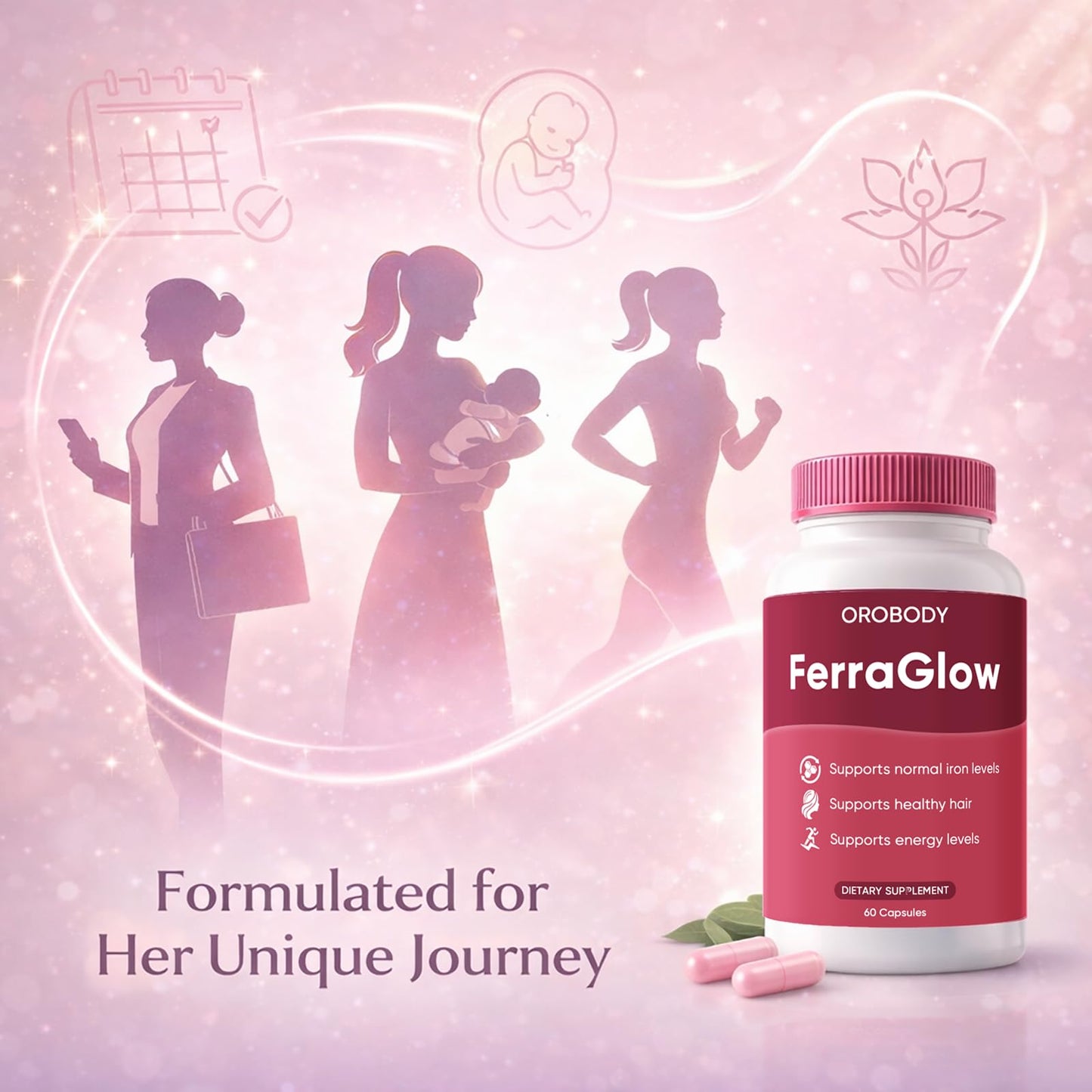 FERRAGLOW Daily Iron Gummy Supplement for Women with Iron Bisglycinate, Lactoferrin, Vitamin C & B12, Supports Energy and Hair & Skin Wellness, 60 Gummies