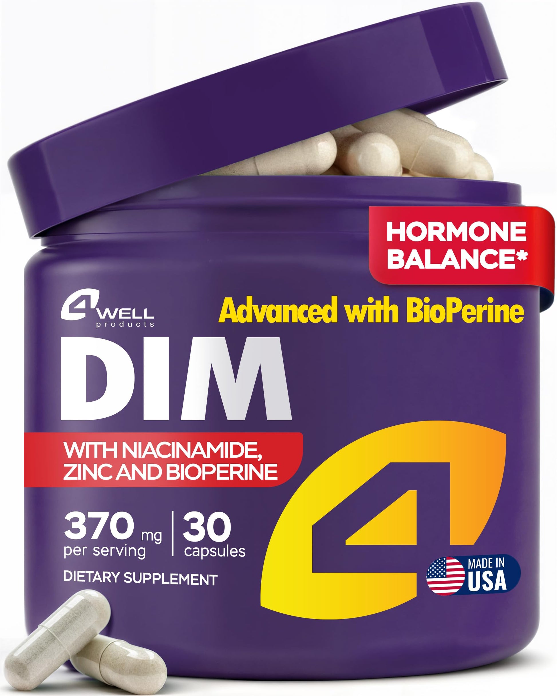 4Well Products Diindolylmethane (DIM) 370mg Complex with Zinc and Niacinamide, 30 Capsules