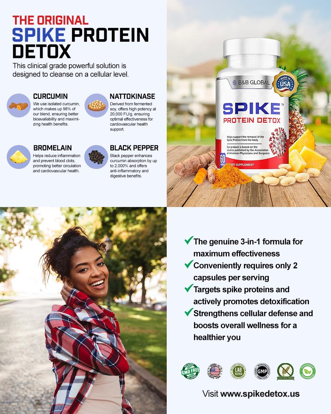 Spike Protein Detox 3-in-1 Nattokinase 4000 FU, Bromelain 500mg, Curcumin 1000mg, 60 Capsules