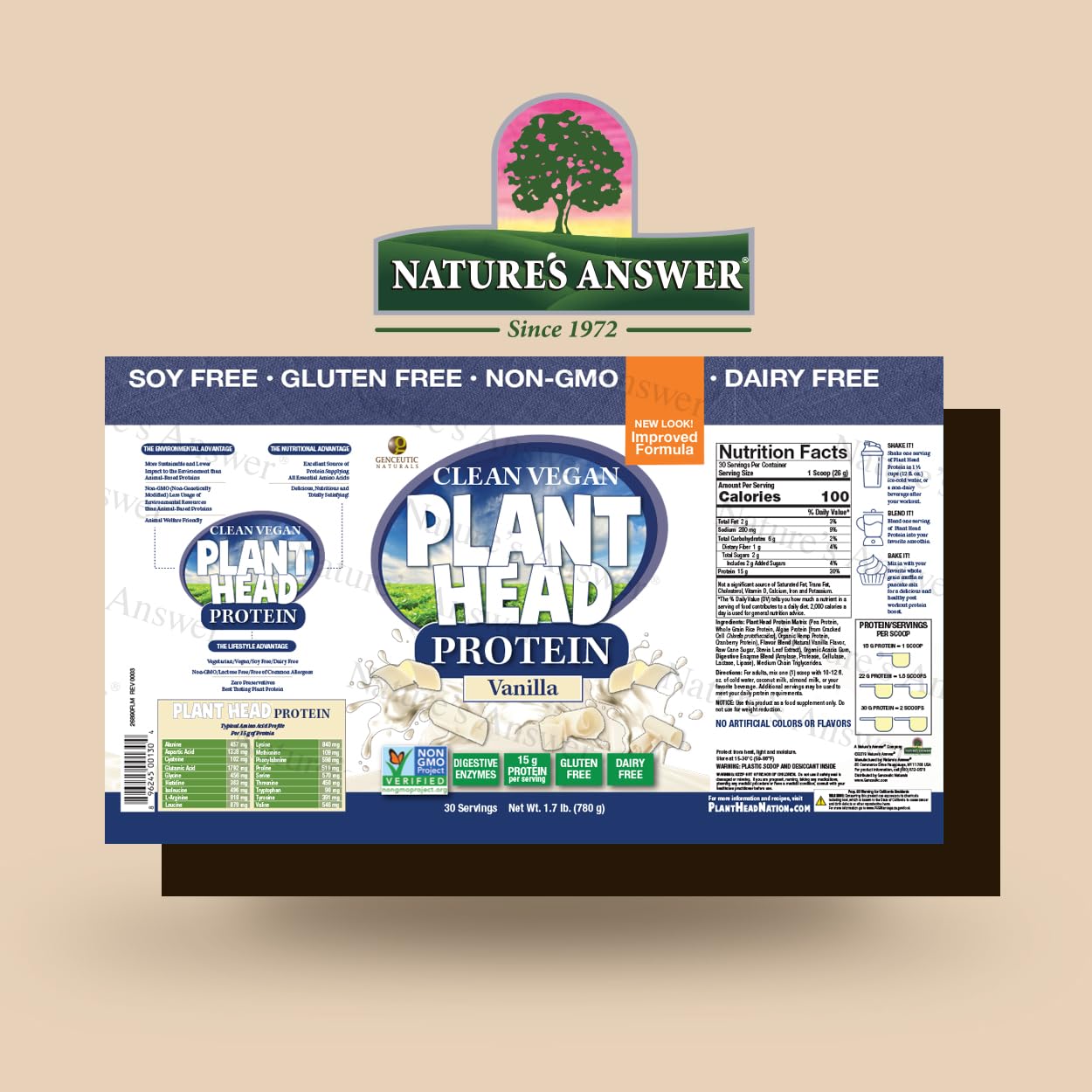 Genceutic Naturals Plant Head Real Meal Protein Powder, Vanilla Flavor, 27.2 oz