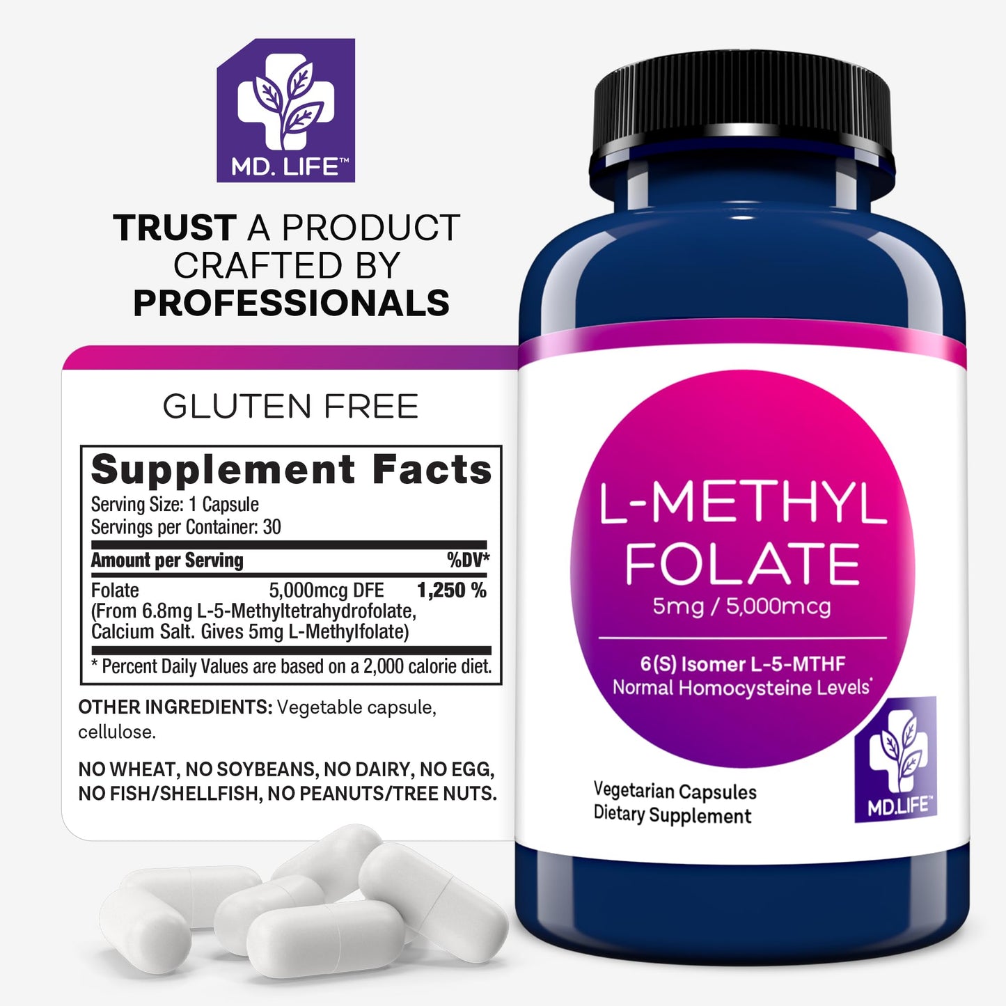 MD.LIFE L-Methylfolate 5 mg Supplement Capsules, 30 Count