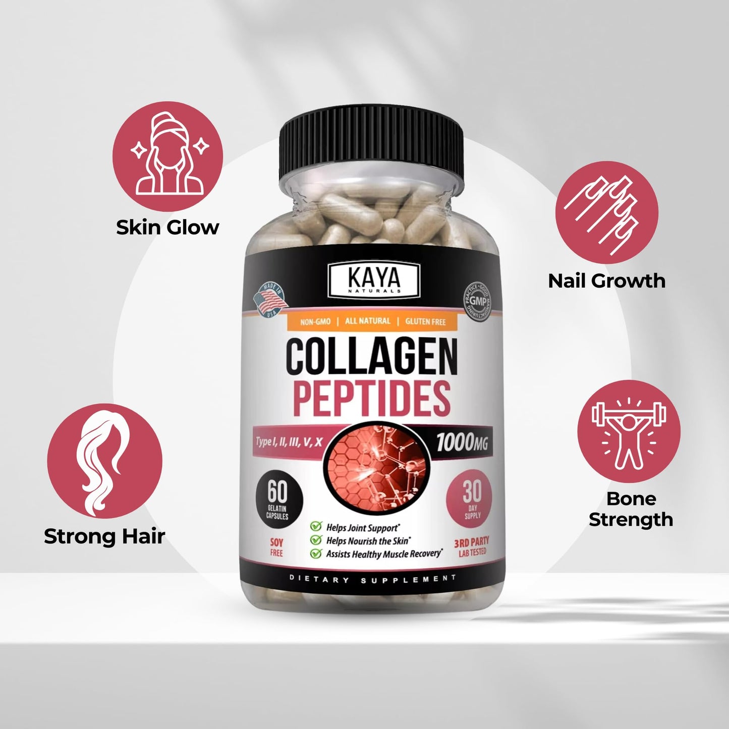 Kaya Naturals Multi Collagen Peptides Complex for Women and Men, Types I, II, III, V & X Capsules, 60 Count