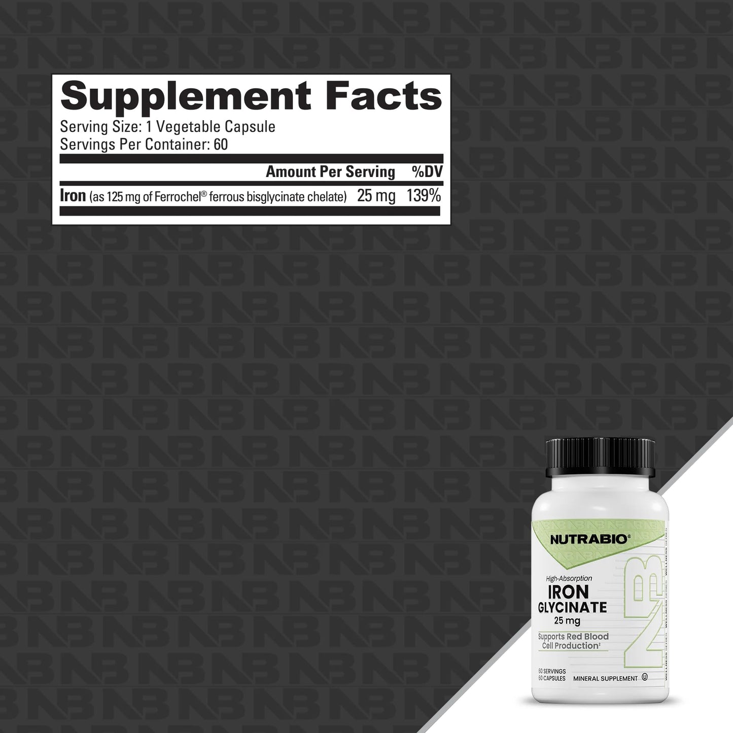 NutraBio Iron Glycinate 25mg Capsule, 60 Capsules