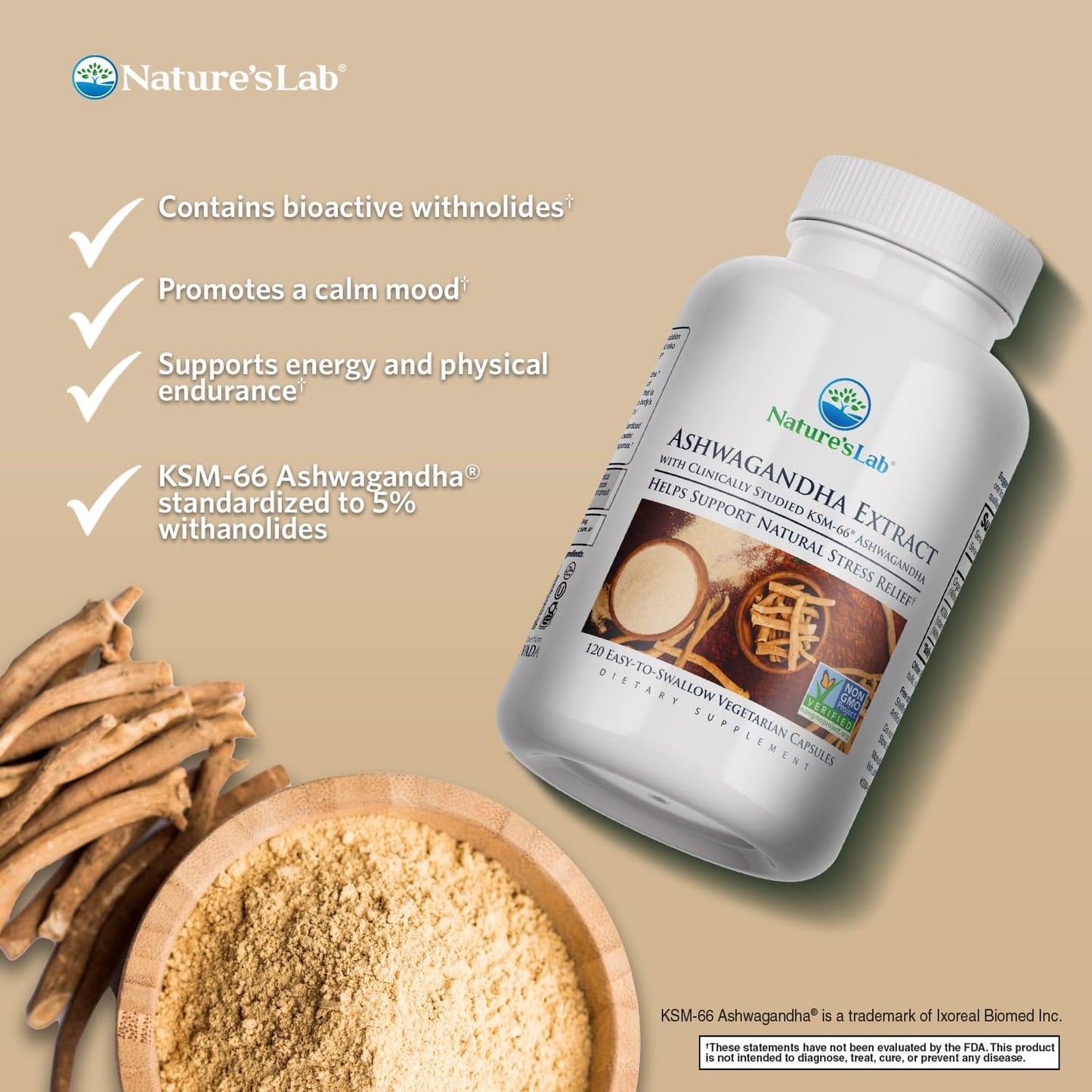 Nature's Lab Ashwagandha KSM 66 Extract - 5% Withanolides, Pure Organic Ashwagandha Root Powder Capsules, 120 Count