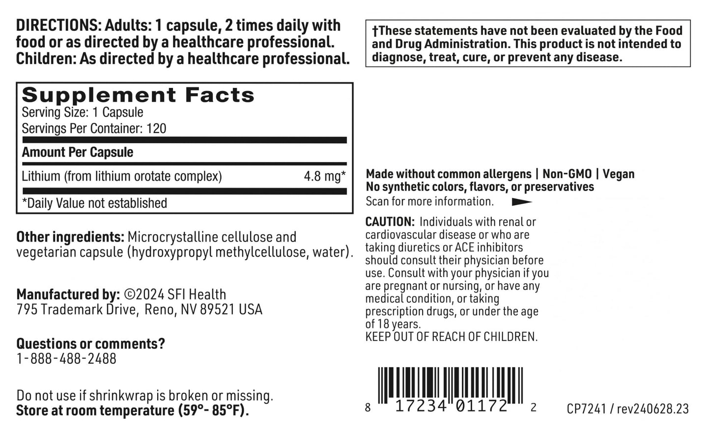 SFI Health Lithium Ootate 4.8 mg Capsules 120 Count