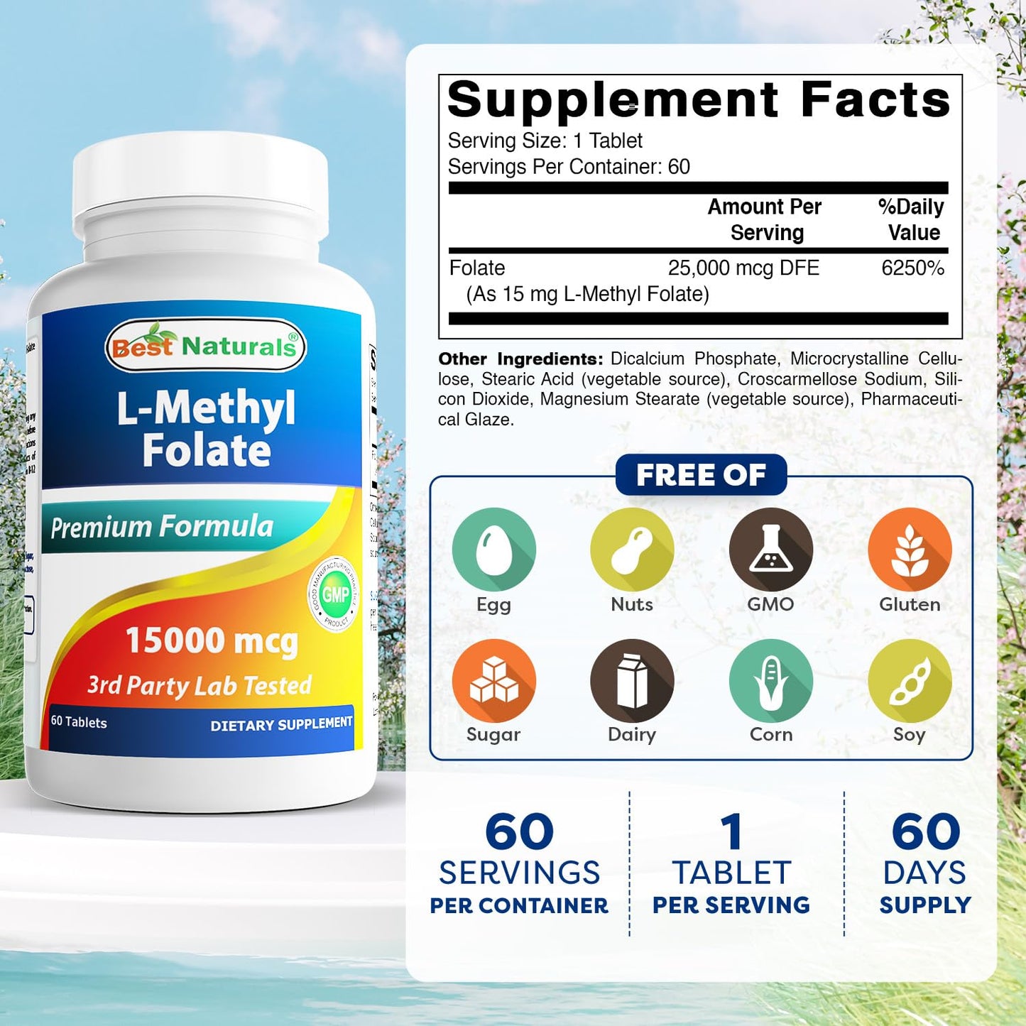 Best Naturals Methyl Folate 15000 mcg (15mg) (Most Bio-Available) Tablets, 60 Count