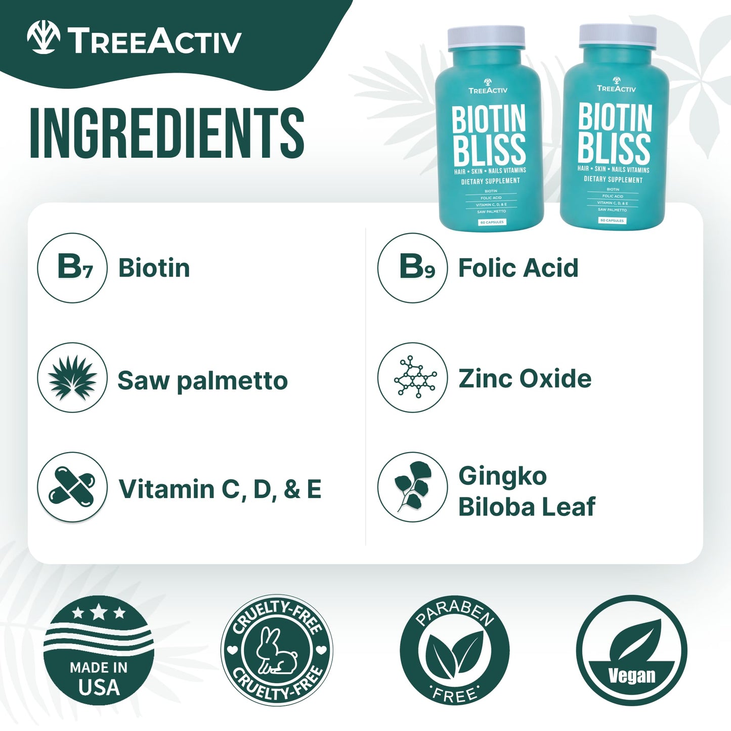 TreeActiv Biotin Bliss Skin Hair Nails Vitamins + Saw Palmetto Supplement Volumizer & Thickening Formula for Hair Growth & Strength Capsules, 60 Count