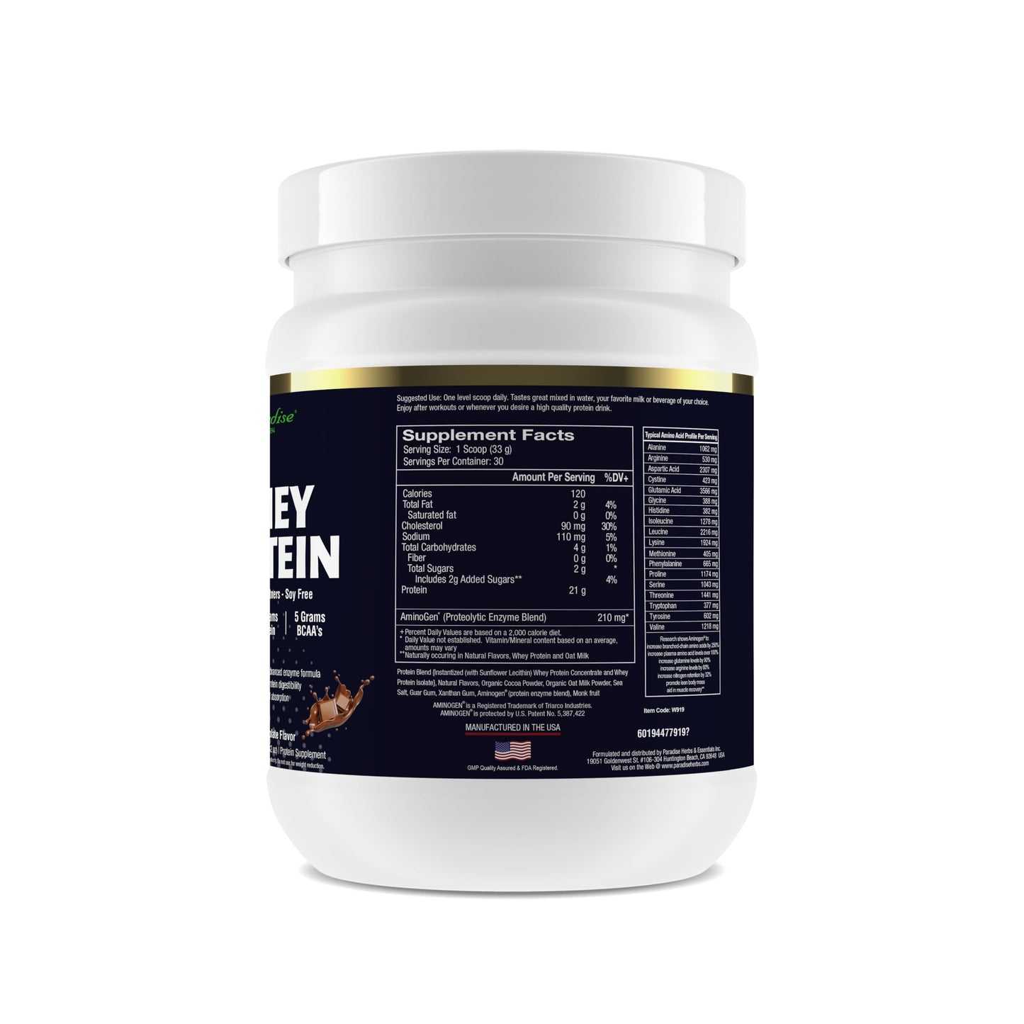 Paradise Herbs 100% Whey Protein Powder Chocolate, 32 Servings