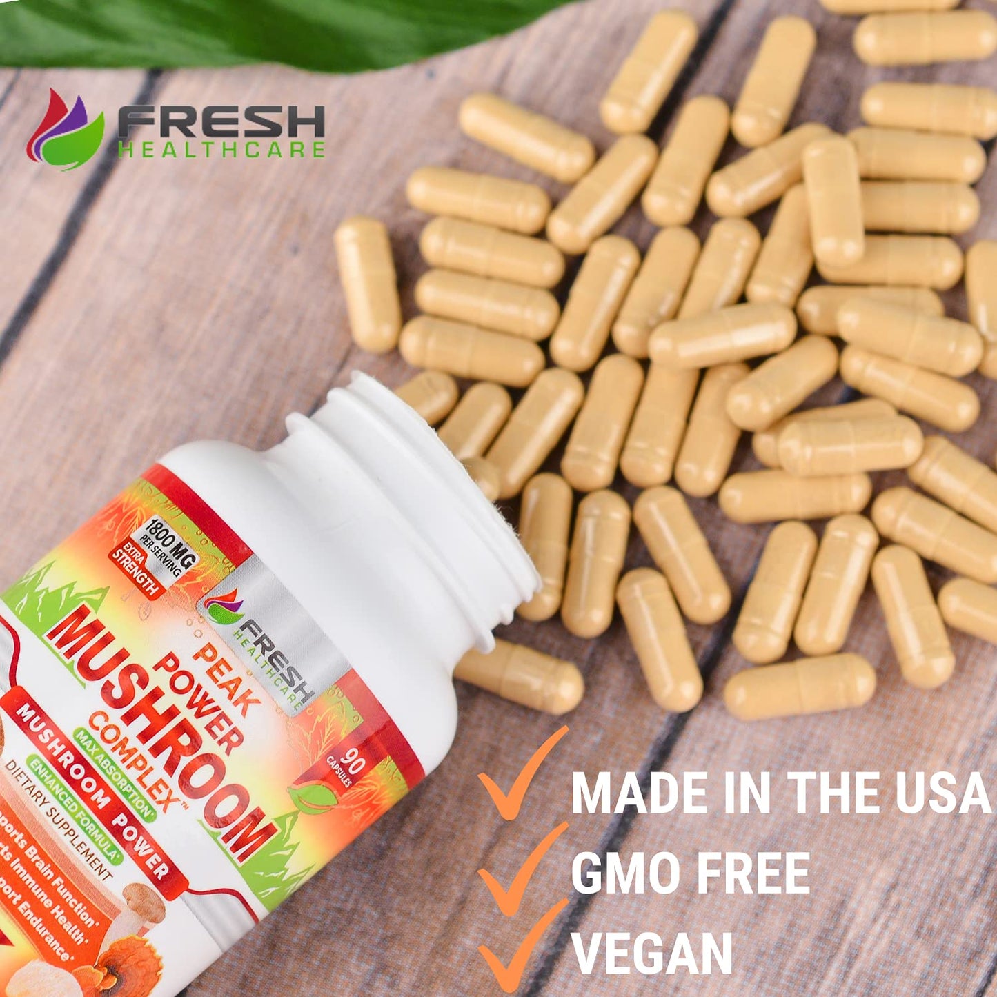 FRESH HEALTHCARE Mushroom Supplement with Lion's Mane, Cordyceps, Reishi, Turkey Tail, Shiitake - 90 Capsules