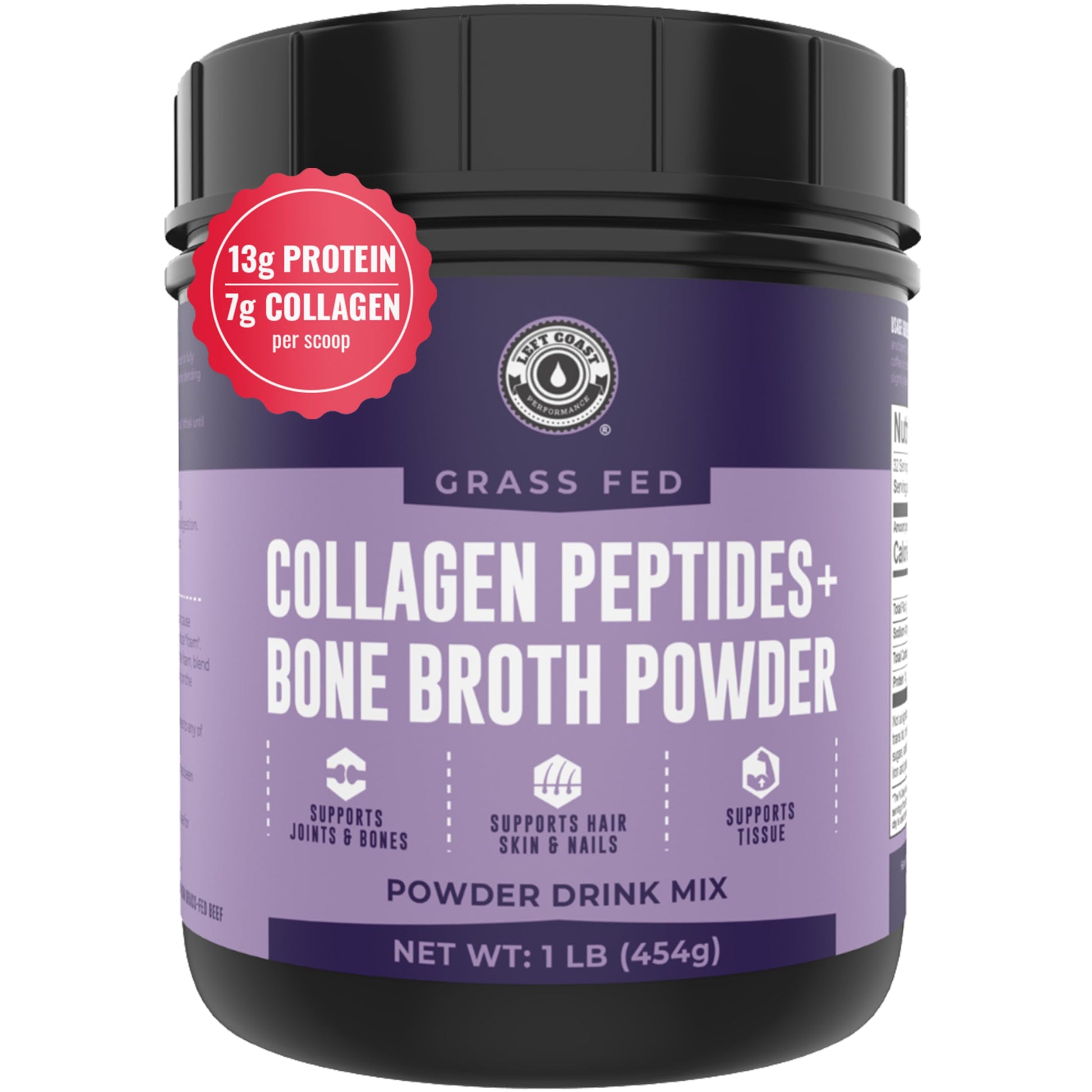 Left Coast Performance Bone Broth Powder with Grass Fed Collagen Peptides, 16 oz