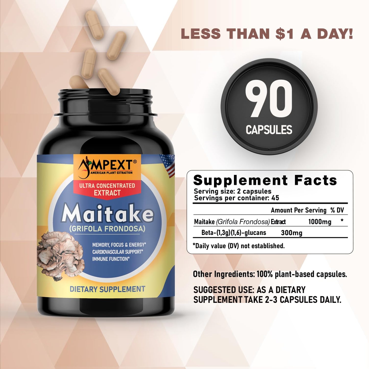 AMPEXT Maitake Mushroom Extract Capsule, 90 Veg Caps