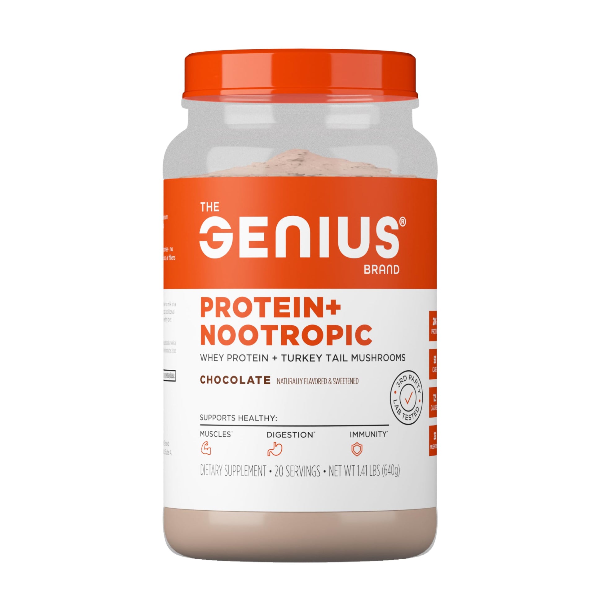 The Genius Brand Protein Powder - Chocolate + Adaptogenic Mushroom Blend - Plant-Based Protein with Turkey Tail for Gut Health - Daily Muscle Recovery & Immune Support, 22.6 oz