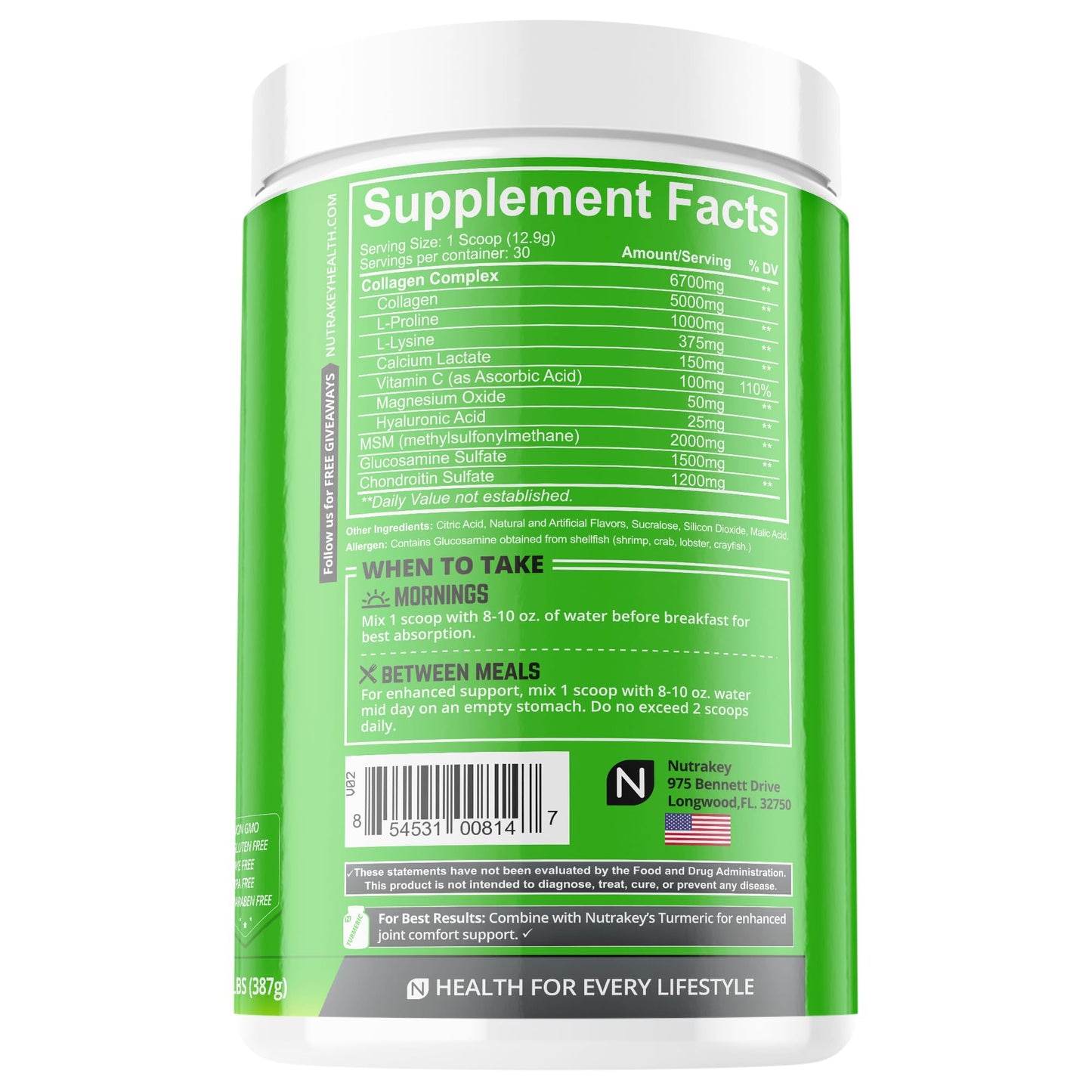 NutraKey Innoflex Glucosamine with Chondroitin, MSM, Hyaluronic Acid and Collagen Powder 14.07 Ounce