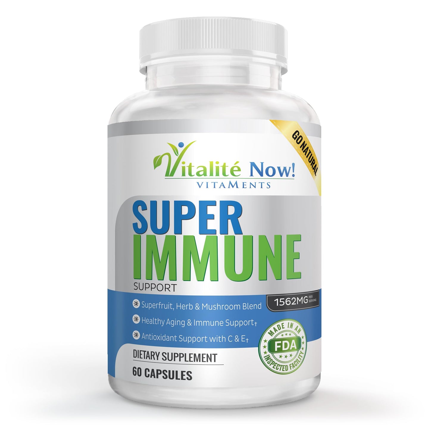 Vitalité Now! Super Wellness Immune Booster Quercetin Immunity Support with 25 Vitamins, Herbs, Superfoods and Mushrooms, Vitamins C and E, Selenium, Turmeric 60 Capsules