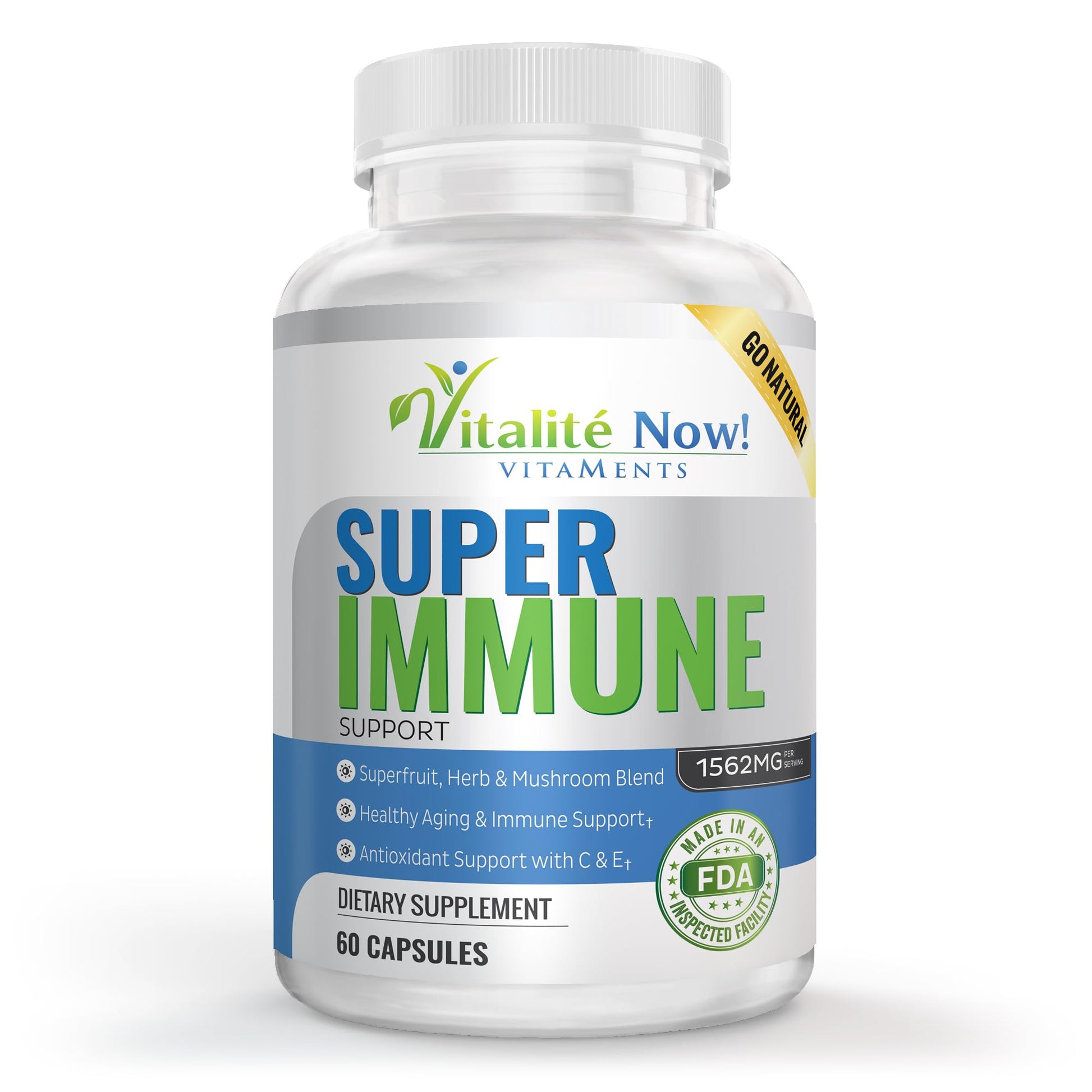 Vitalité Now! Super Wellness Immune Booster Quercetin Immunity Support with 25 Vitamins, Herbs, Superfoods and Mushrooms, Vitamins C and E, Selenium, Turmeric 60 Capsules