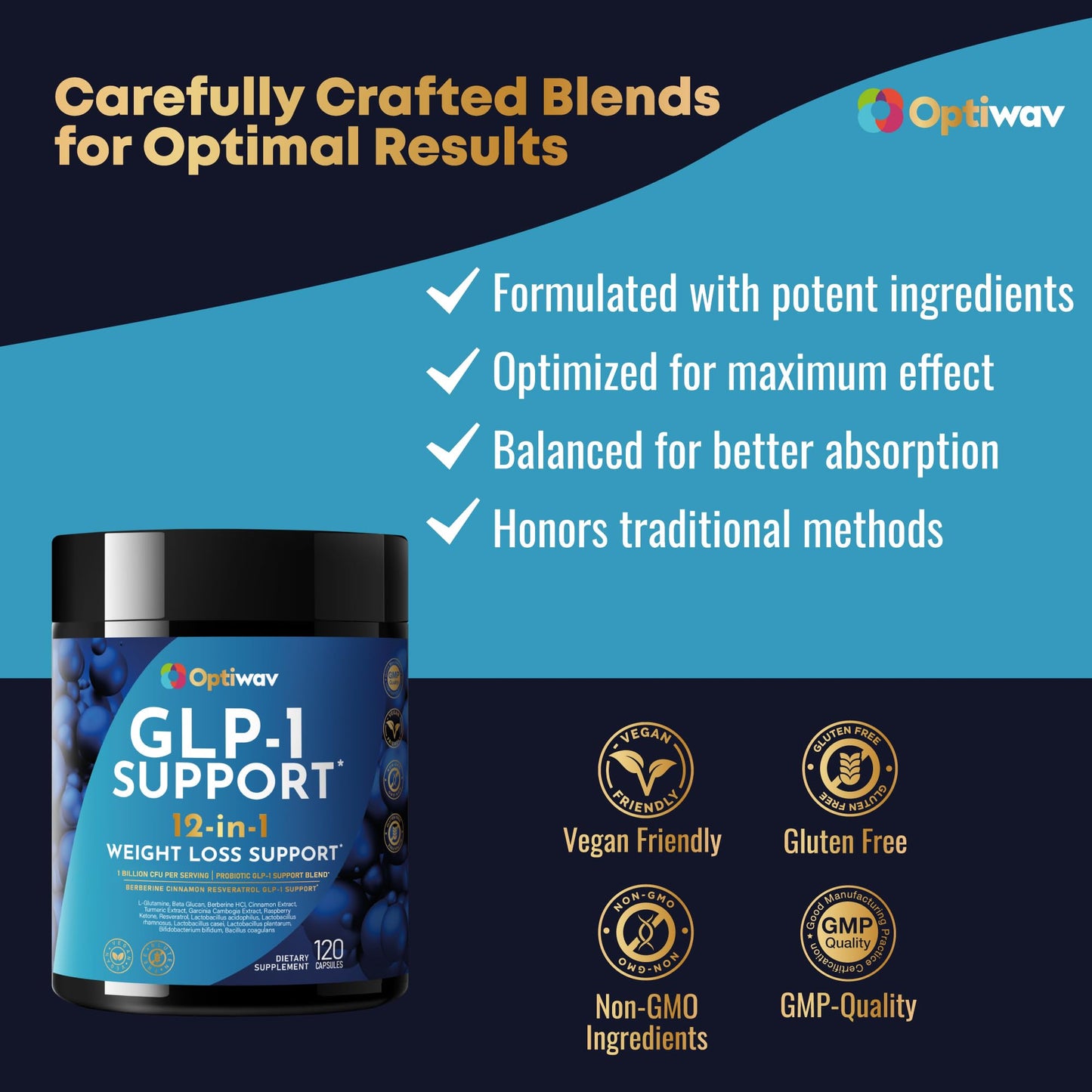 Optiwav GLP-1 Support Probiotic Weight Loss Supplement with Berberine Capsules 120 Count