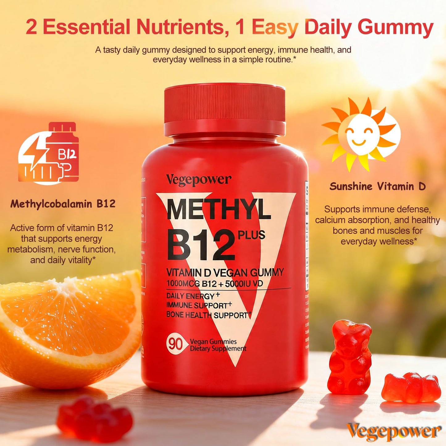 VEGEPOWER Vegan Vitamin D3 & B12 Gummies, 90 Count