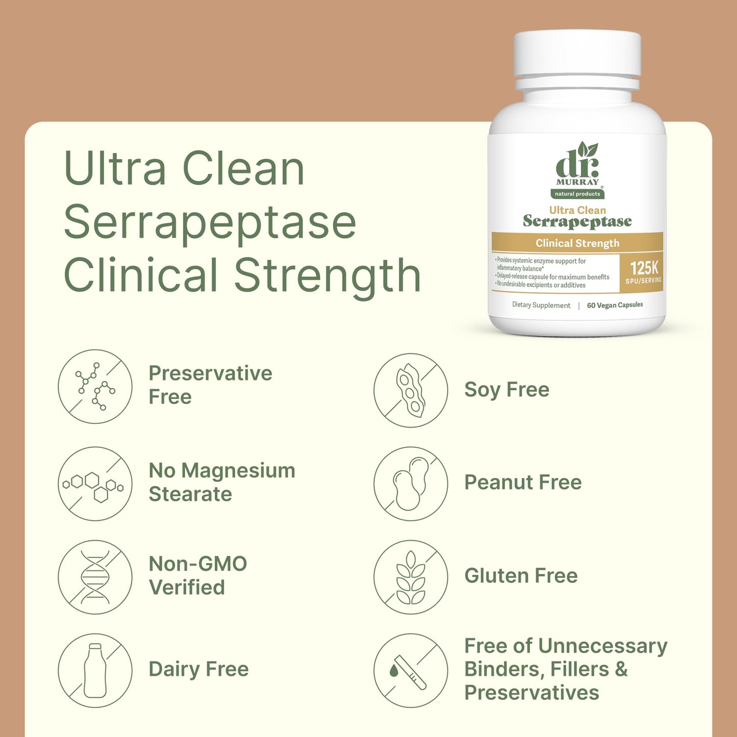 Dr. Murray Natural Products Ultra Clean 125,000 SPU Serrapeptase Clinical Strength - Proteolytic Enzyme - Acid-Resistant Vegan Capsules, 60 Count