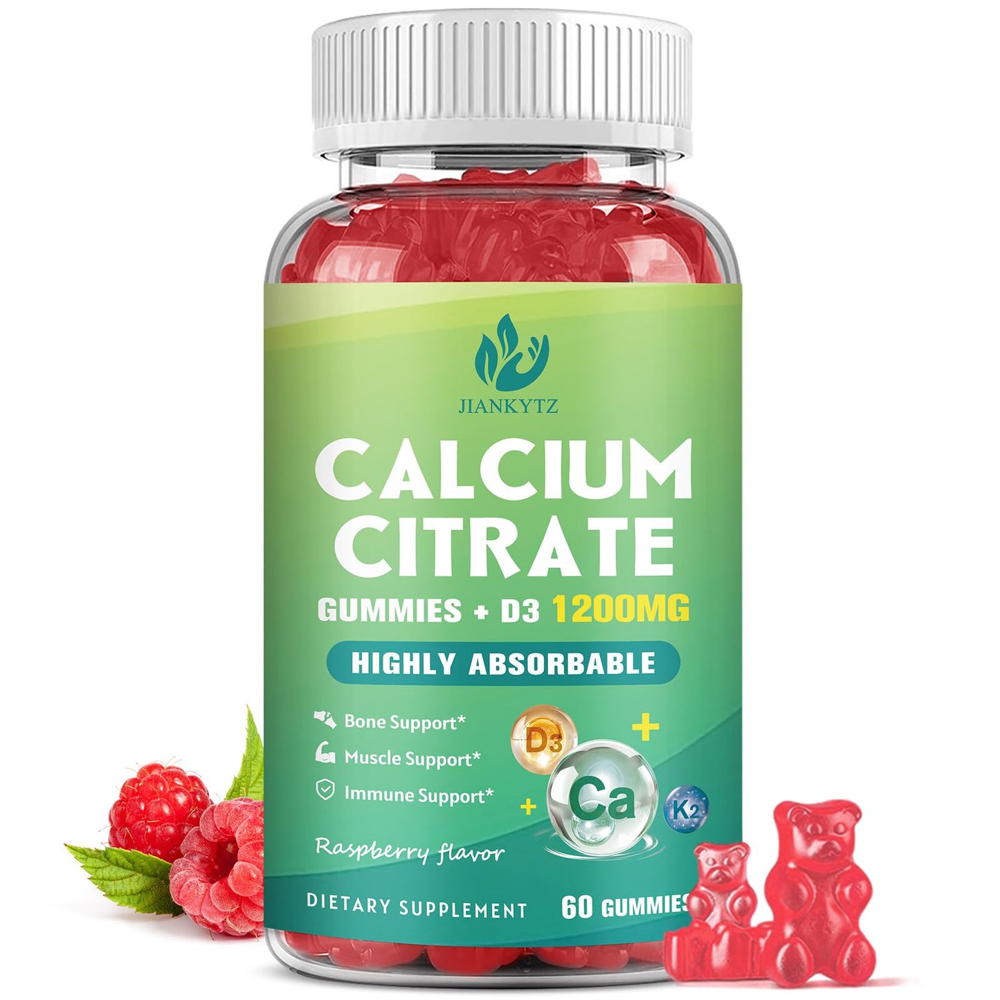 JIANKYTZ 1200mg Calcium Citrate with Vitamin D3 Gummies, 60 Count
