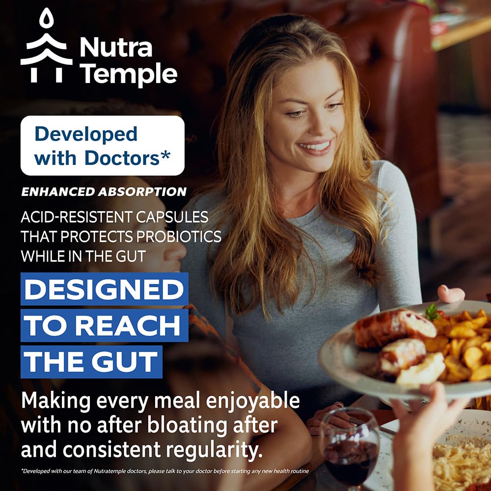 NUTRATEMPLE 4 in 1 Pre Post Probiotics & Digestive Enzymes for Women & Men - Digestive Health, Gut & Immune Support for Occasional Constipation, Diarrhea, Gas & Bloating, Capsule, 60 Count