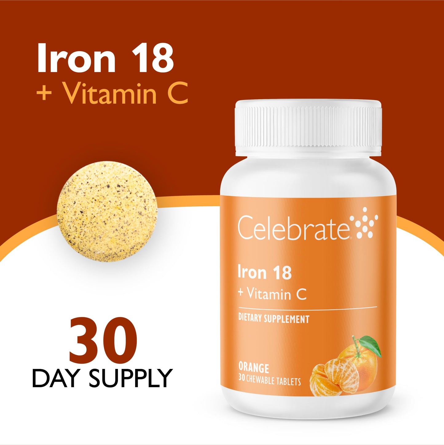 Celebrate Bariatric Supplements Iron+C 18mg Tangerine Tablets, 30 Count