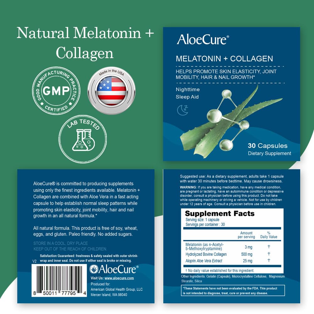 AloeCure Natural Melatonin + Collagen Sleep Aid Supplement, 180 Capsules