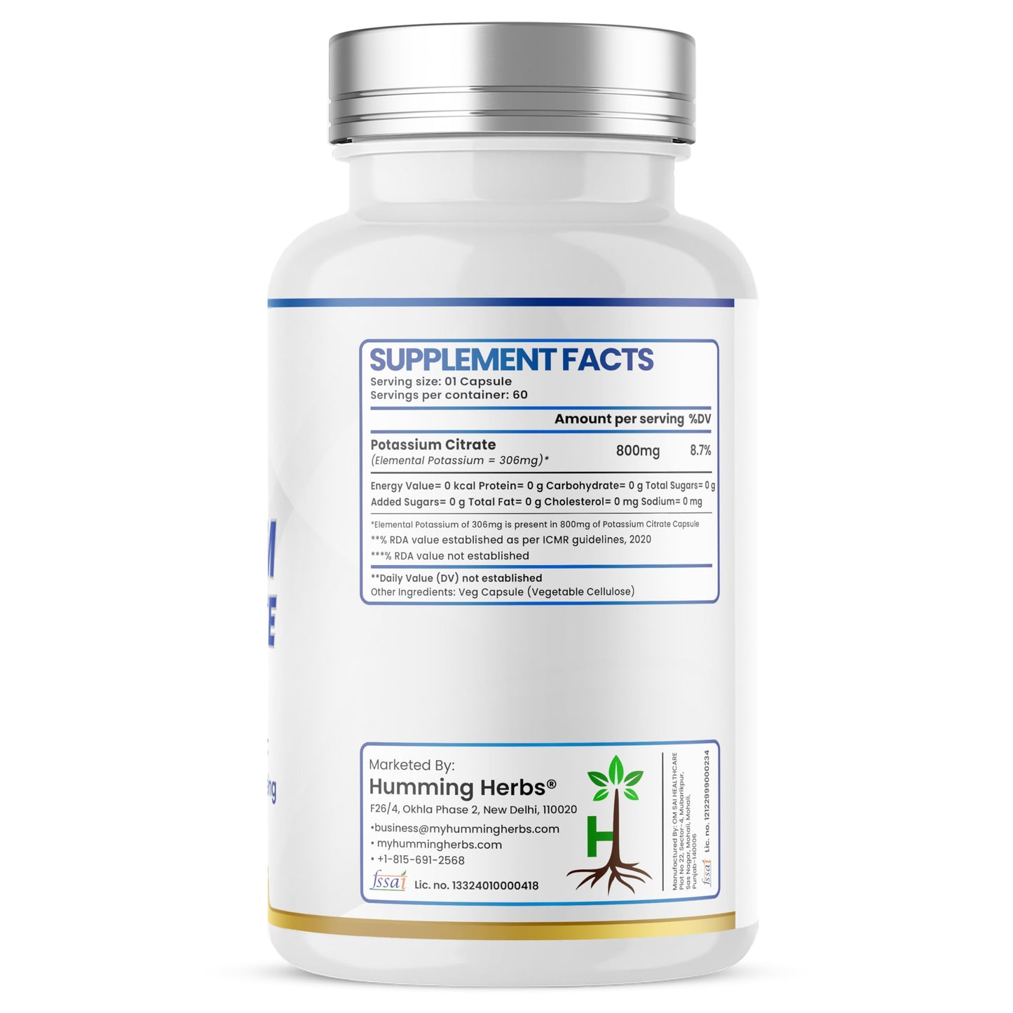 Humming Herbs Potassium Citrate 800 mg (306 mg Elemental Potassium) Capsules, 60 Count